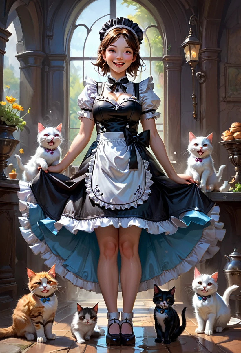 Maid Outfit, A sweet curvy girl in a maid outfit laughing with her kitties, detailed matte painting, deep color, fantastical, intricate detail, splash screen, complementary colors, fantasy concept art, 8k resolution trending on Artstation Unreal Engine 5