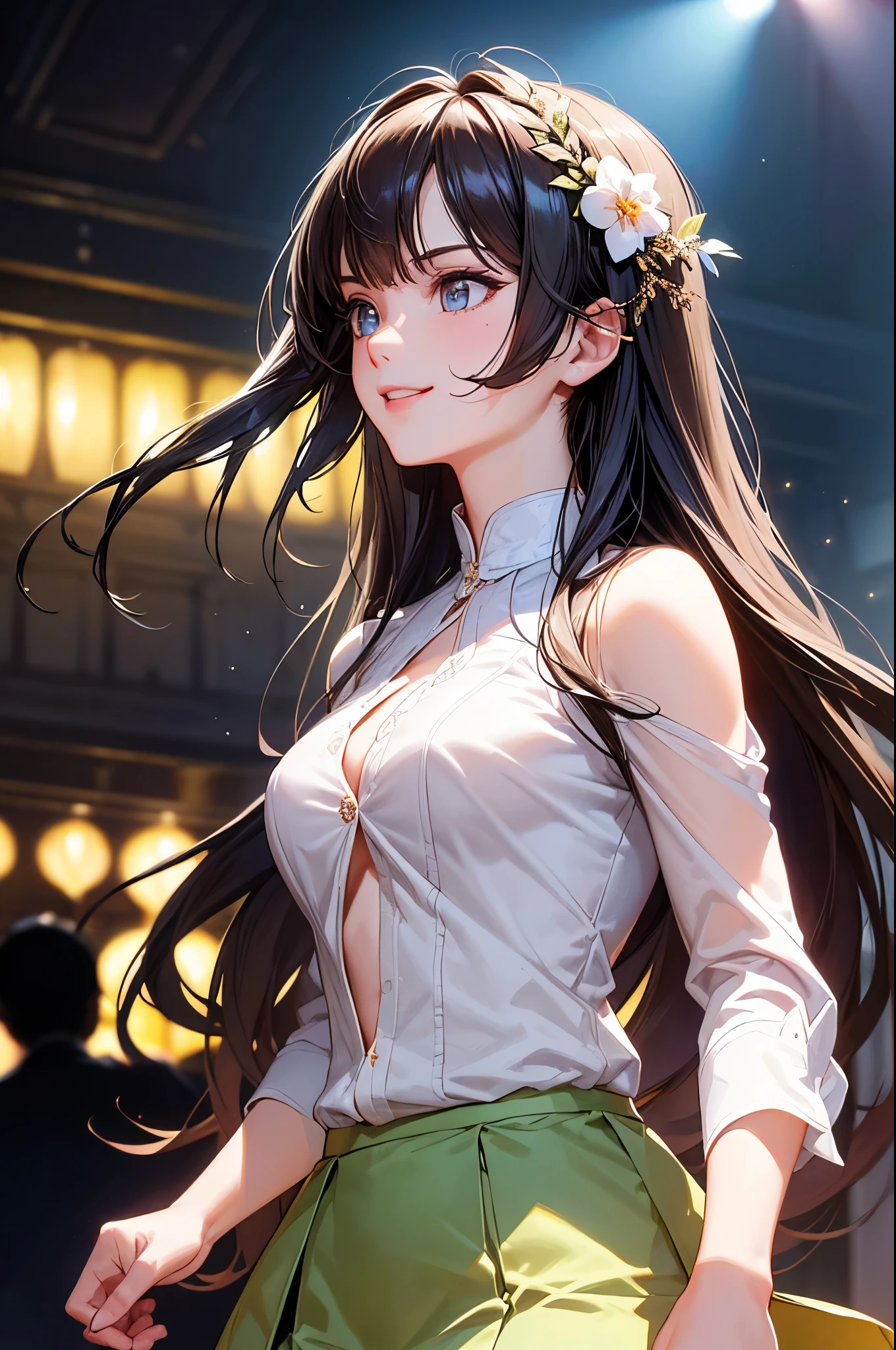 ((Biologically correct limb count))、(( Illustrations including faces))、4K、Masterpiece、((Focus on the face))、((Symmetrical, well-proportioned facial features))、Eyes with delicate depictions、Beautiful woman、Outstanding style、Slender Body、(shirt、High heels、((skirt)))、(Looking up、smile)、((Upper body close-up))、The background is a concert hall、((Realistic photo))、profile、((Fantastic photos)))、live、Idol
