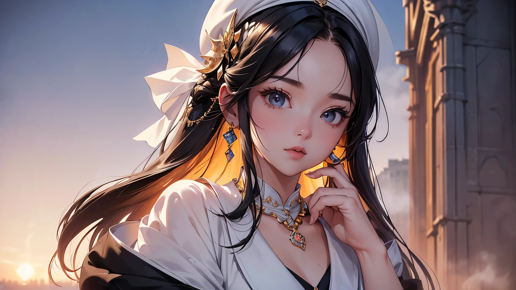 ((Biologically correct limb count))、((Full Body Shot, Full-body photo including face、Head to toe photos))、4K、masterpiece、((Focus on the face))、((Symmetrical facial features))、Eyes of meticulous depiction、Beautiful woman、Excellent style、Beautiful feet、(stockings、High heels with anklets)、Detailed depiction of the face、beret、White prim、Small earrings、necklace、((Close-up photo of the upper body))、(blazer、skirt)、Sky City、Scenery of the old castle、sunset、(Low - Angle)、(Troubled face)、((Thick morning fog all around)、I can't see anything around me)、Prone、(Blue Eyes、Blue and silver hair)