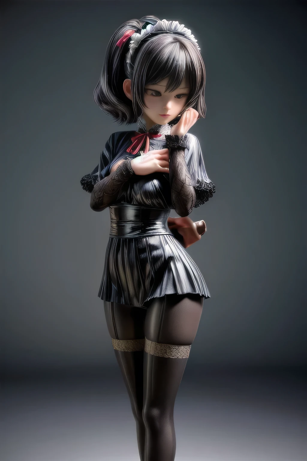 a beautiful japanese milf, maid outfit, short pants, short sleeve tops, standing, full body shot, detailed face, detailed eyes, detailed lips, beautiful detailed skin, detailed hands, detailed clothing folds, intricate details, (best quality,4k,8k,highres,masterpiece:1.2),ultra-detailed,(realistic,photorealistic,photo-realistic:1.37),studio lighting, extremely detailed, vivid colors, cinematic lighting, elegant, graceful pose, beautiful background, soft bokeh, black pantyhose