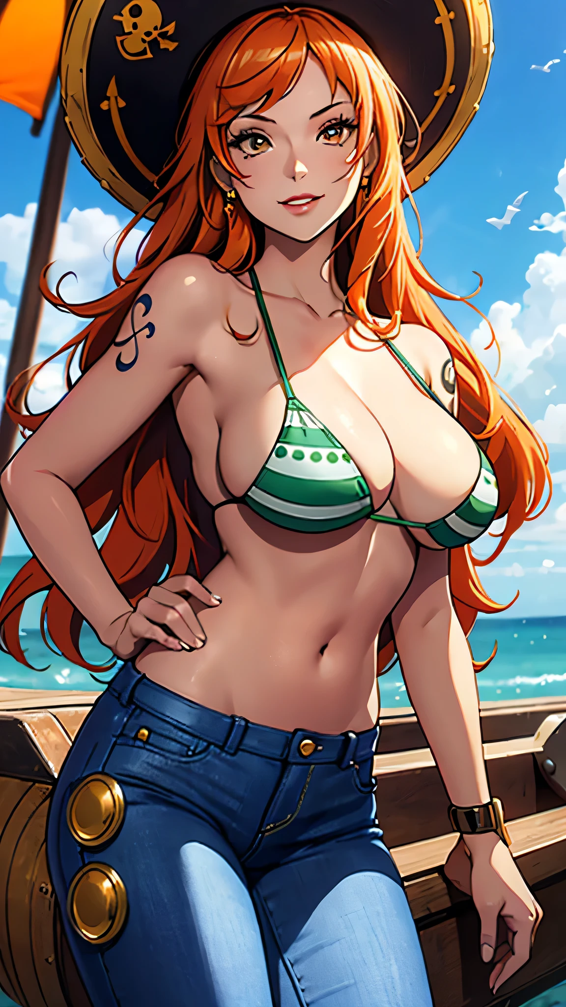 masterpiece, highest quality, High resolution, Super detailed, 4K quality，One Girl, we, Long, silky orange hair, High nose, Sharp eyes, A noble and inviolable character, (([woman]: 1.2 + [beauty]: 1.2 + orange long hair: 1.2)), Pirate ship background, blue sky, cloud, Log Pause, Red Lip，Big Breasts、Cleavage, Gold bracelet, A skimpy green and white bikini halter top, tight low-rider jeans, Shoulder Tattoo, Bright Eyes, Cowboy Shot, smile, 4K quality，The most beautiful face，White skin, 