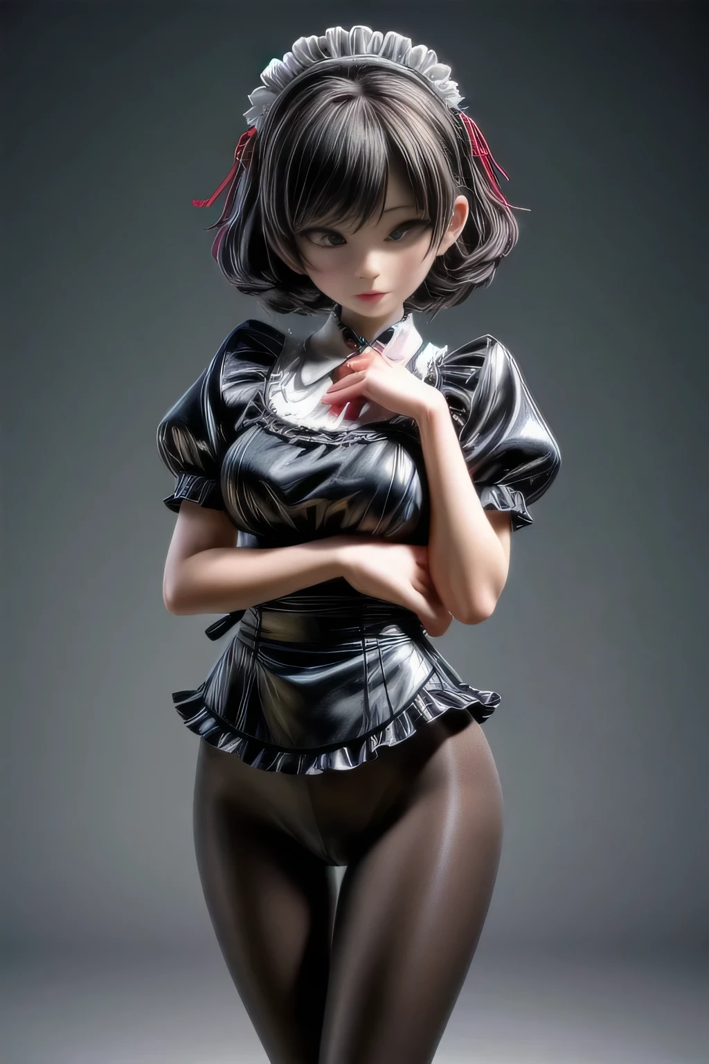 a beautiful japanese milf, maid outfit, short pants, short sleeve tops, standing, full body shot, detailed face, detailed eyes, detailed lips, beautiful detailed skin, detailed hands, detailed clothing folds, intricate details, (best quality,4k,8k,highres,masterpiece:1.2),ultra-detailed,(realistic,photorealistic,photo-realistic:1.37),studio lighting, extremely detailed, vivid colors, cinematic lighting, elegant, graceful pose, beautiful background, soft bokeh, black pantyhose