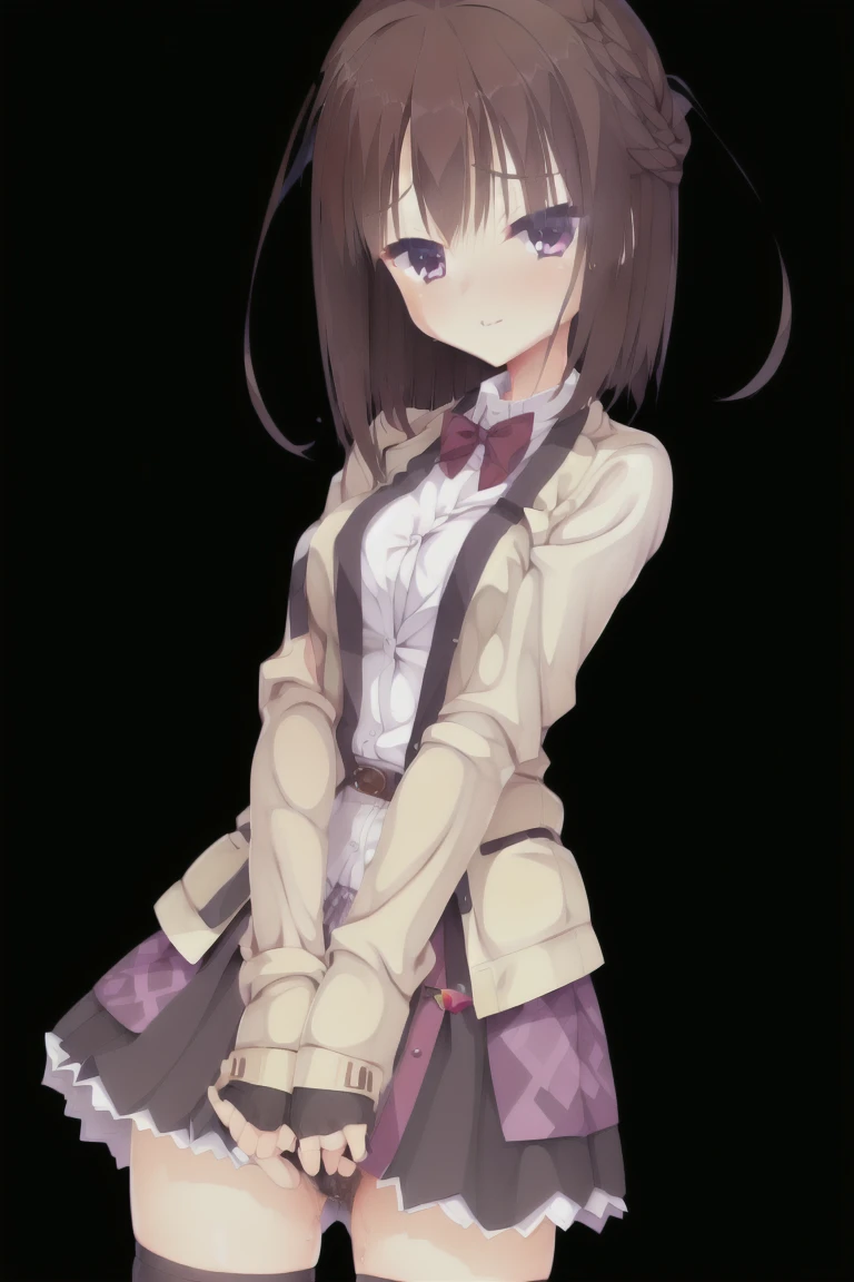 1girl,solo,dark_blown_hair,bob_hair,smile,Light brown cardigan, baggy cardigan, white shirt, cute shirt, skirt, pleated skirt, brown skirt, plaid skirt, thigh-highs sleeves_past_wrists,masturbation,female_masturbation,pussy,pussy_juice,skirt_lift,embarrassed,Embarrassing,Bedroom,expensive_solve, clear_image, expensive_Contrast, 8k, Sparkling, beautiful_detailed_face_and_eye, (Dark Brown Hair:1.25), 白 eye,Black background