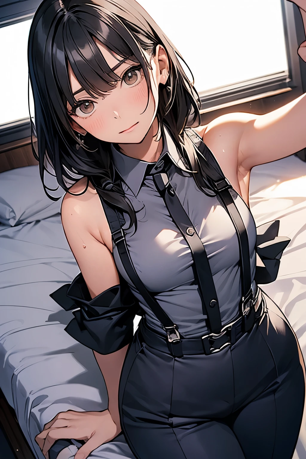 hair、Staring at the audience Black suspenders bulging big breasts wall: Black pantsuit sight Small face holster Beautiful woman Show your hand Lying in bed sight Taunt side side汗 arm Dress shirt belt summer Armpit sweat