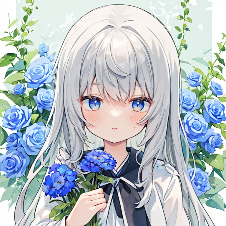 Pastel Watercolor、A girl stuffed with many flowers、blue flower、gray hair、long hair、I can&#39;t move inside jar、pushed into、sitting、cute clothes、bare shoulders、ribbon、(inside jar)、bottling、girl in a small bottle