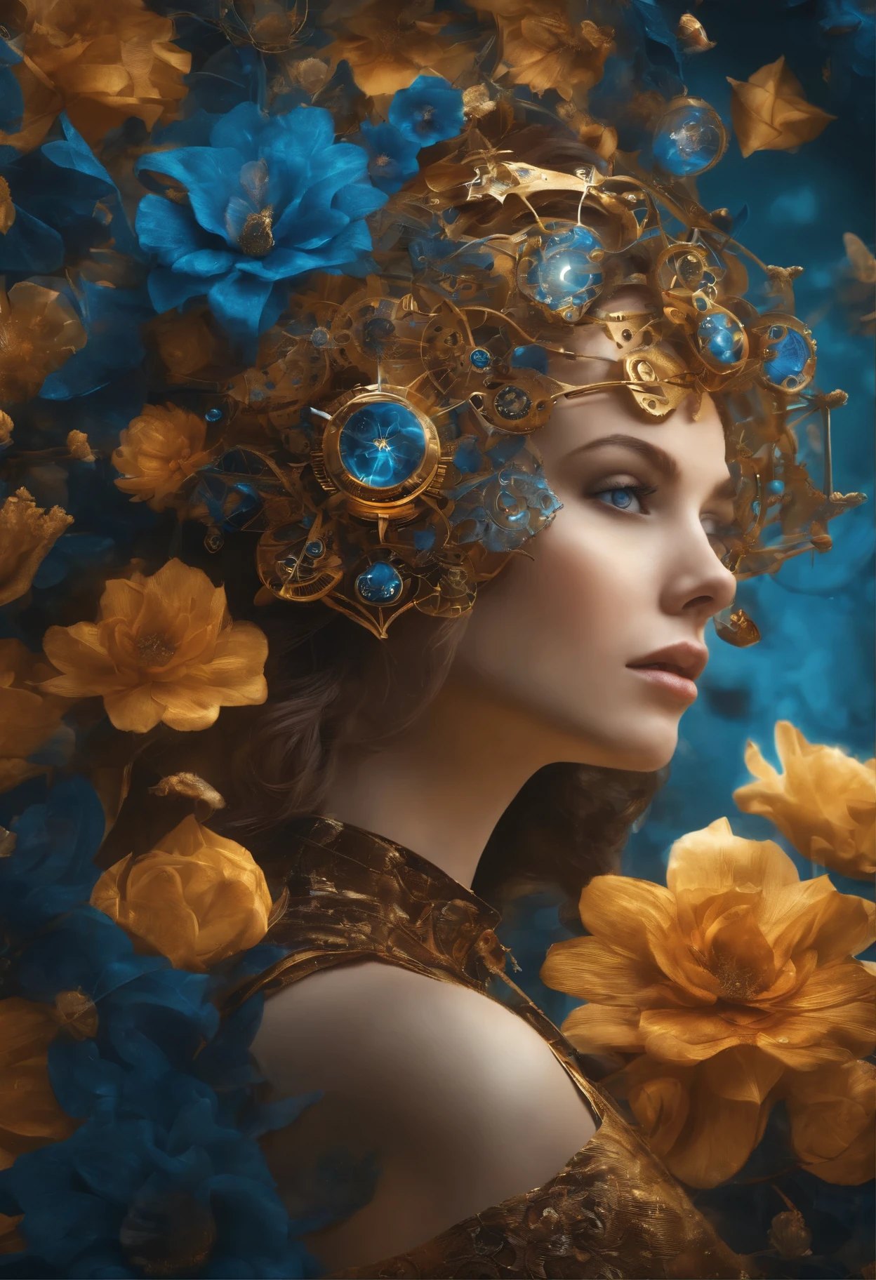Absurd, high-res, ultra-detail, (1girll:1.3), Steampunk Fantasy Series , optical illusion, Fractal format, Geometric shapes, dynamic, brightly colored, (floral, petals), (Blue & gold:1), vibrant colors