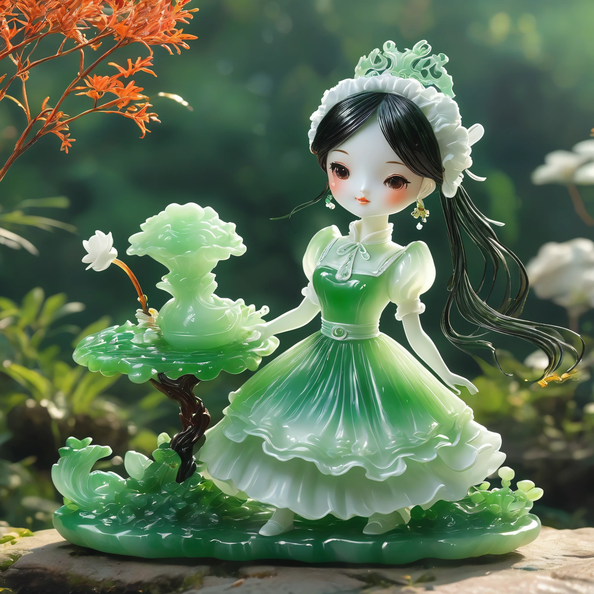 best quality, very good, 16K, ridiculous, Extremely detailed, Lovely(((Maid:1.3)))Maid,,Made of translucent jadeite, Background grassland((A masterpiece full of fantasy elements))), ((best quality)), ((Intricate details))(8k)