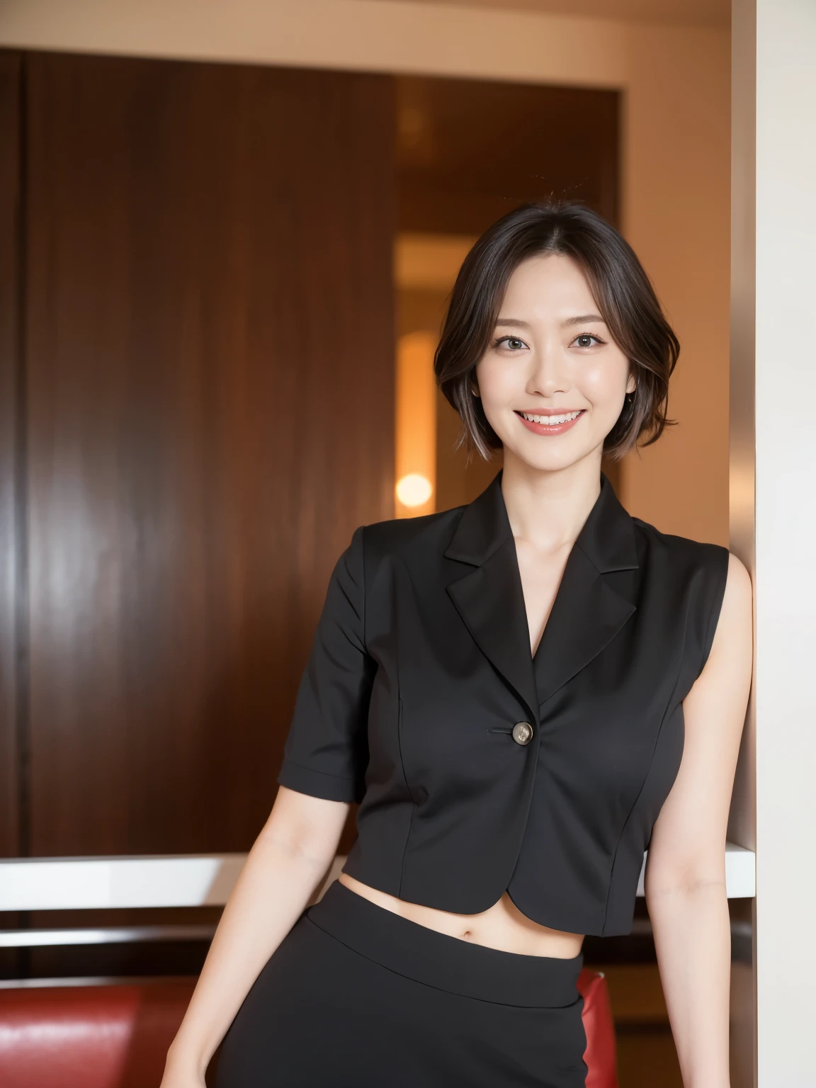 masterpiece,highest quality, (Mature Woman、42 years old),  Glare, （Grey blazer）, （White shirt：1.2）, （Black pencil skirt：1.4）、double eyelid, eyelash, Lip gloss, (smile:1),  (Looking at the audience、Full body image、Are standing), （Modern hotel lobby:1.6）、Written boundary depth、尖ったRed Mouth、(Black wet shiny short hair),Red Mouth,clavicle、（Full body portrait：1.6）、Digital Illustration, (Realistic:1.3),(RAW Photos.)