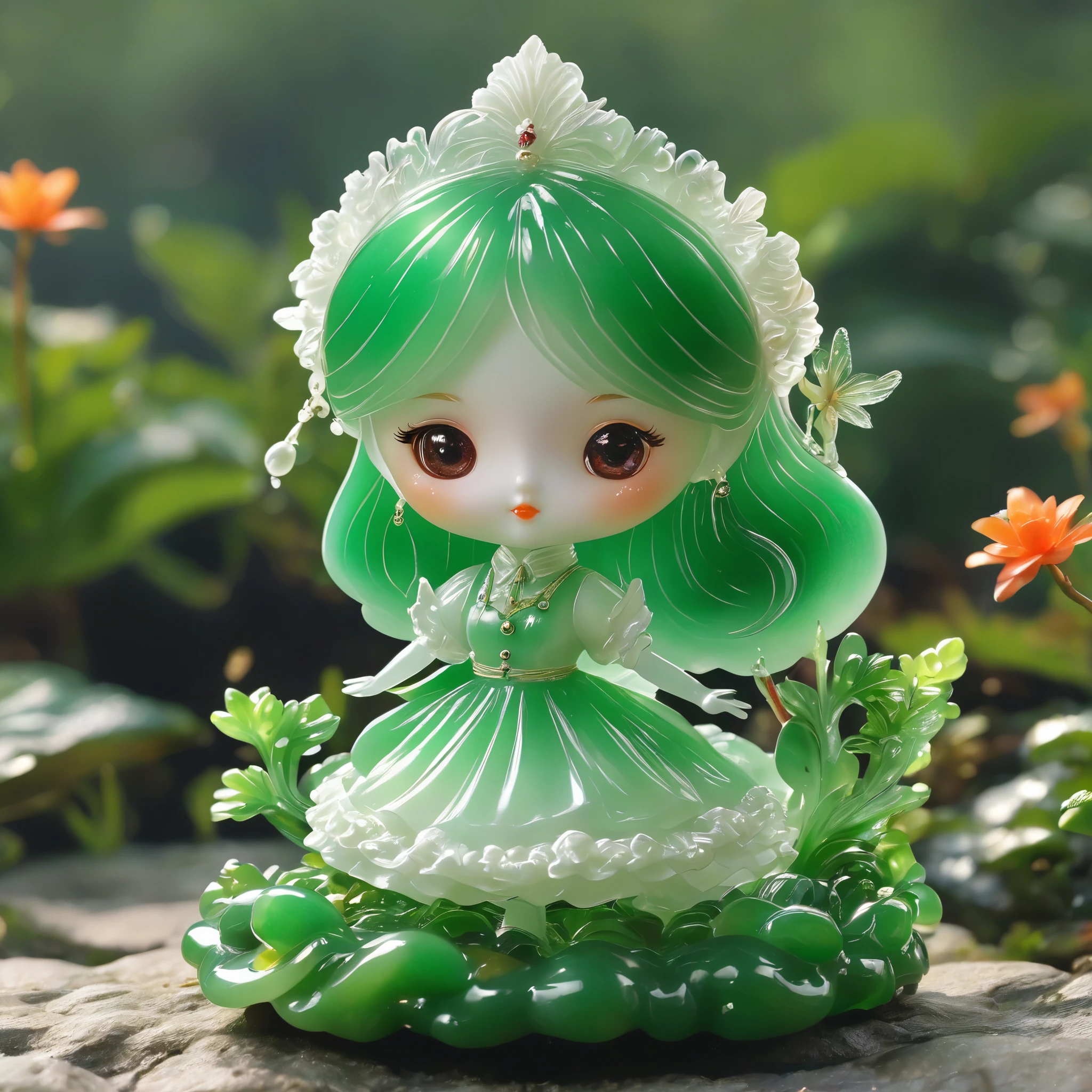 best quality, very good, 16K, ridiculous, Extremely detailed, Lovely(((Maid:1.3)))Maid,，Made of translucent jadeite, Background grassland（（A masterpiece full of fantasy elements）））， （（best quality））， （（Intricate details））（8k）