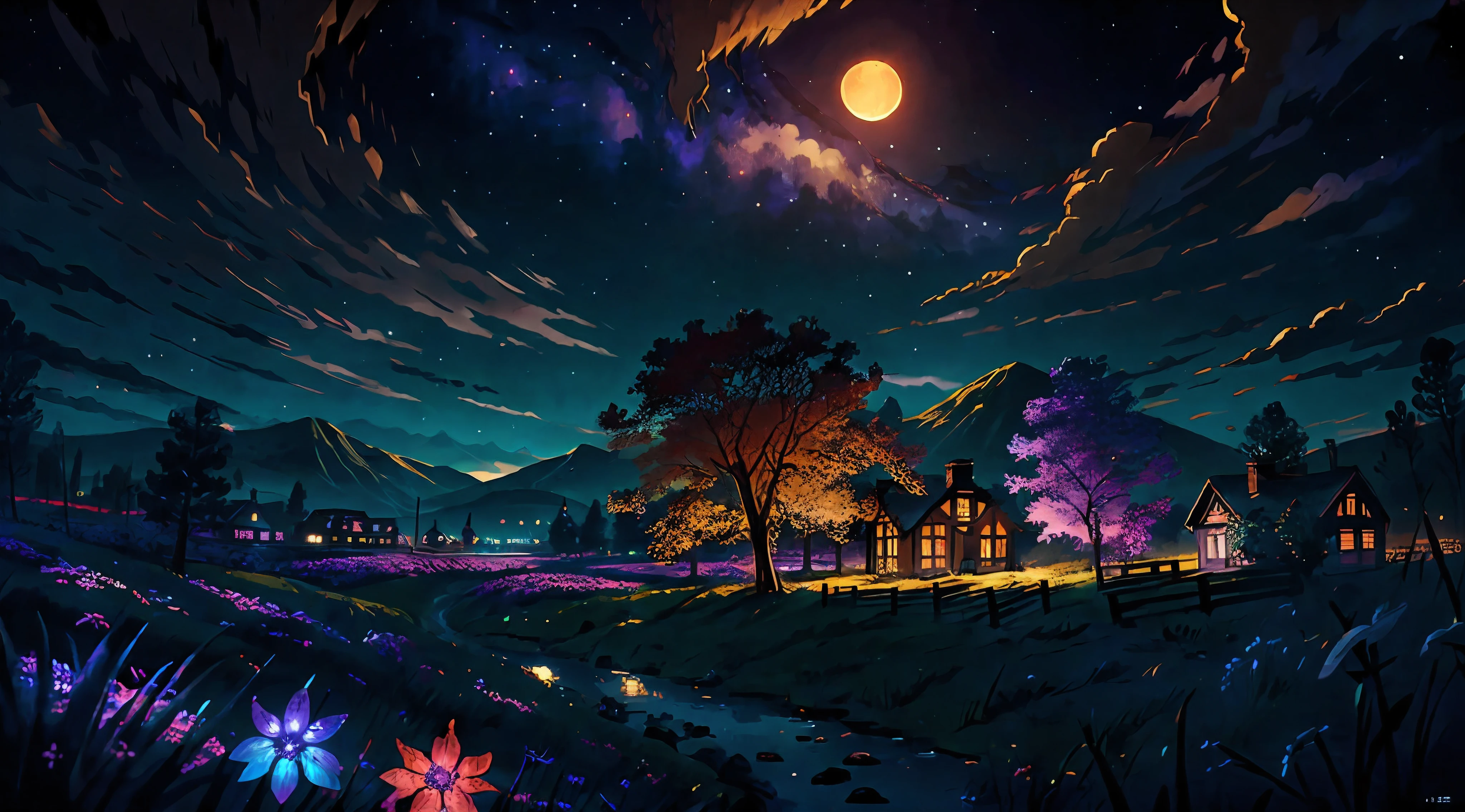 Night view with village and river in the foreground, silent Night. digital illustration, Highly detailed digital art in 4K, night scenery, anime art wallpaper 4k, Anime Art Wallpaper 4K, 4K detailed digital art, night nature scenery, Anime Art Wallpaper 8 K, background artwork, beautiful art uhd 4k, 4k hd illustration wallpaper