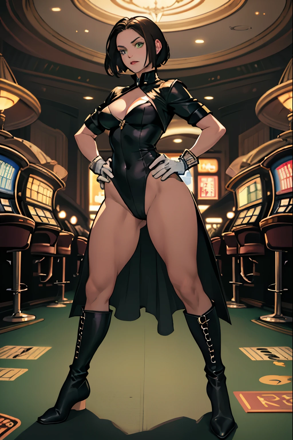 One girl, Mature Adult, Dark brown hair, Silver Leotard, barefoot, boots, gloves, Hands on hips, casino, bracelet, Green Eyes, alone, single, Bob Hair