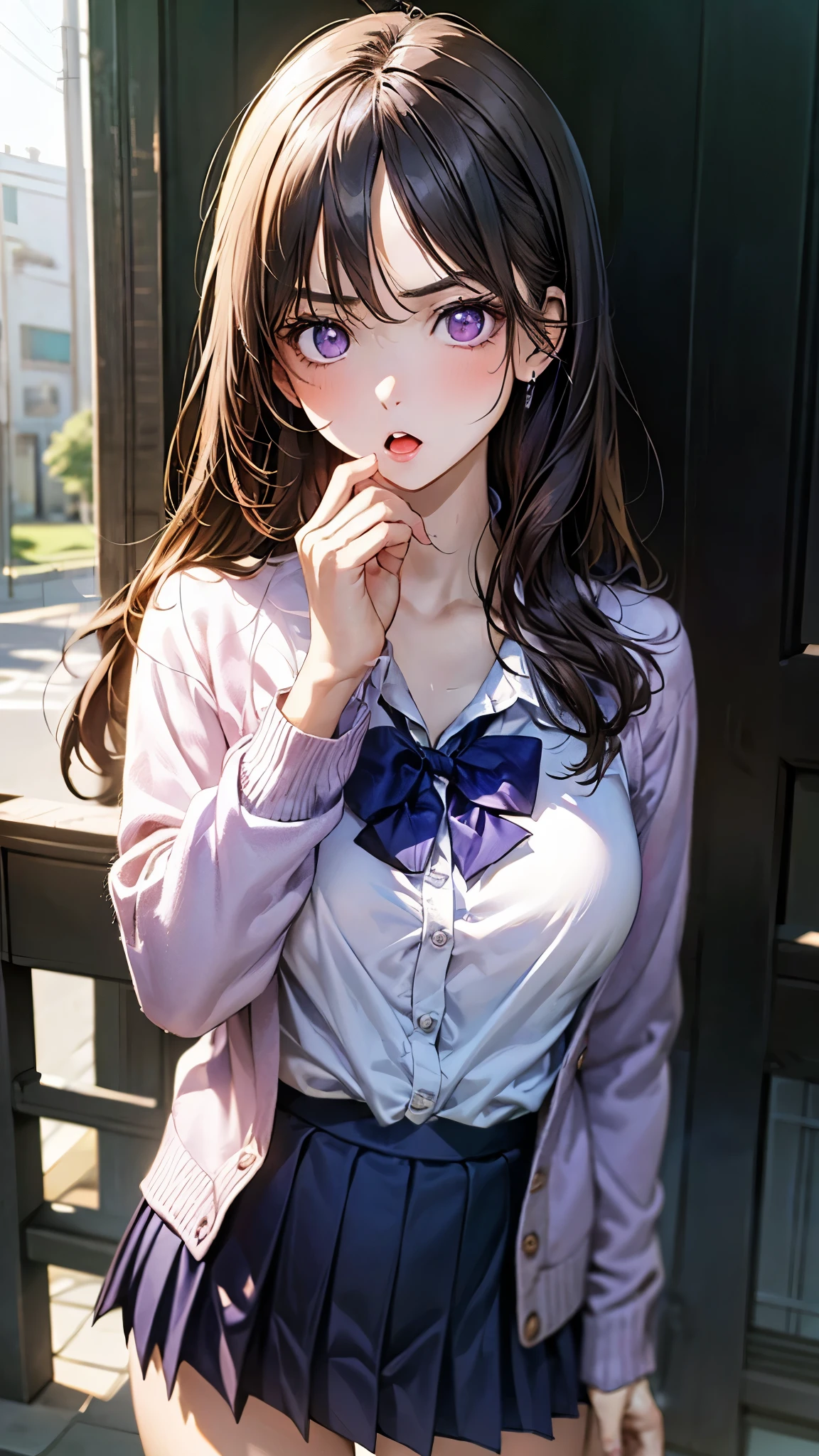 (masterpiece:1.2, top-quality), (realistic, photorealistic:1.4), beautiful illustration, (natural side lighting, movie lighting), depth of fields, pastel color,
looking at viewer, cowboy shot, (from below), 1 girl, japanese, high school girl, perfect face, cute and symmetrical face, suntan, shiny skin,
(long hair, straight hair, navy hair), crossed bangs, big eyes, purple eyes, long eye lasher, (large breasts),
beautiful hair, beautiful face, beautiful detailed eyes, beautiful clavicle, beautiful body, beautiful chest, beautiful thigh, beautiful legs, beautiful fingers,
break, (pastel purple cardigan), break, (white collared shirts), break, (deep violet pleated skirt), break, (pastel red bowtie), break,
(beautiful scenery), (school gate:1.2), (hand on own chin), (serious look, :o),