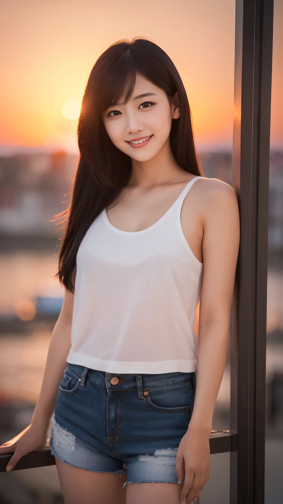 1girl, photo model, smile, focus to viewer, beautiful lighting, best quality, masterpiece, ultra highres, photorealistic, black hair, short tank top, short pants, long stocking, medium breasts, white skin,( sunset background:1.4)