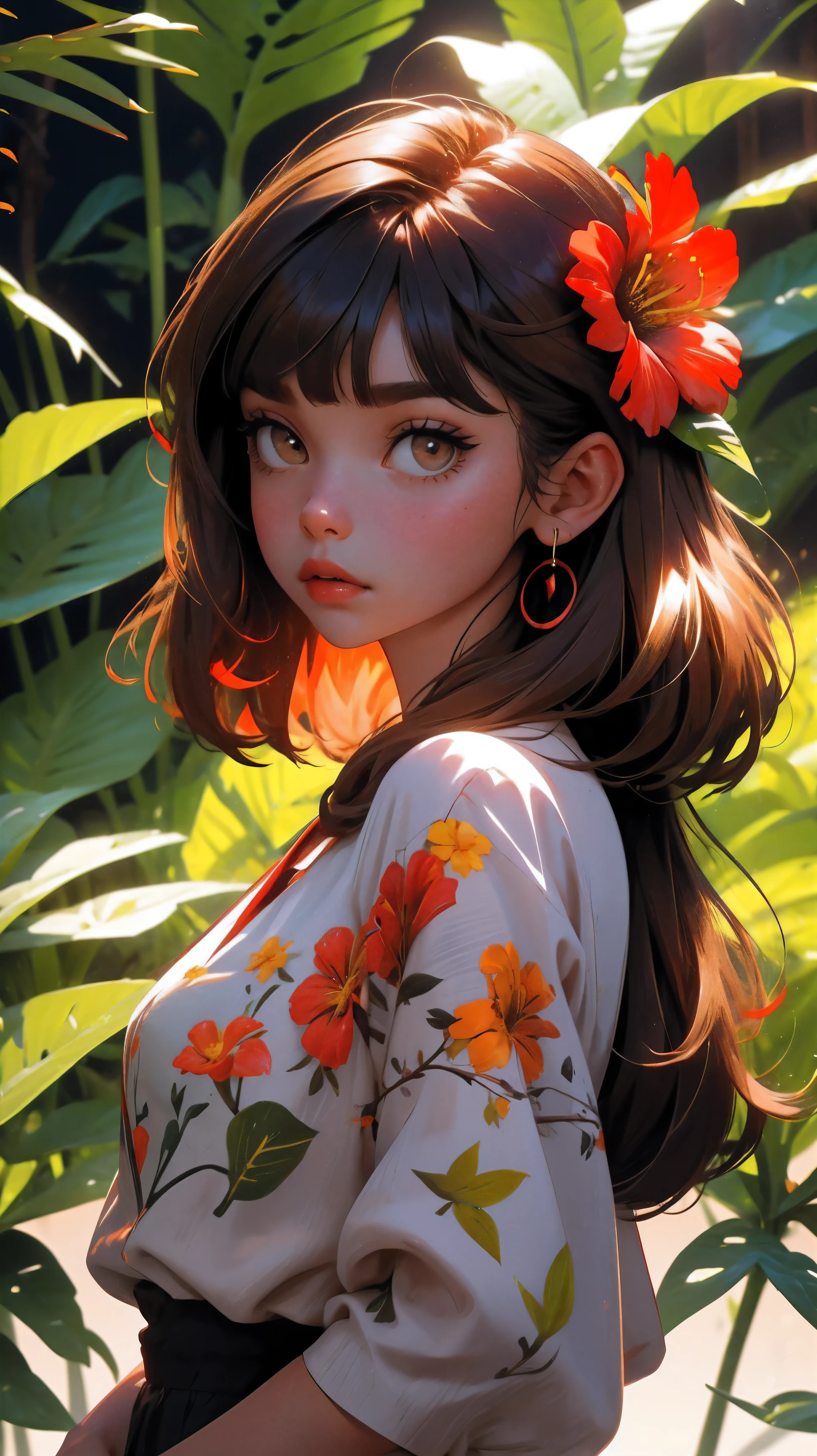 YXYcolor,1girl, only, brown hair, Flower, hair ornament, hair flower, very long hair, upper body, bangs, Looking at the viewer, Simple background, leaf, Bob Cut, Plant, shirt, purple shirt, blunt bangs, red flower, red lips, brown eyes, tropical leaves on the background