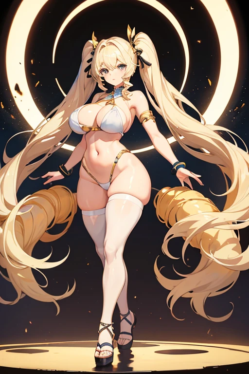 1 girl, standing, curvy, full body, wide hips, huge breasts, long blonde hair, drill twintails hairstyle, white bikini, white sandals,