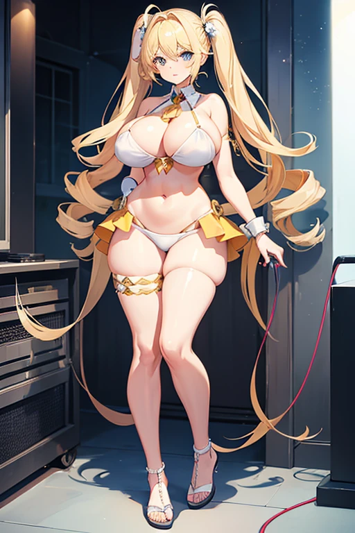 1 girl, standing, curvy, full body, wide hips, huge breasts, long blonde hair, drill twintails hairstyle, white bikini, white sandals,