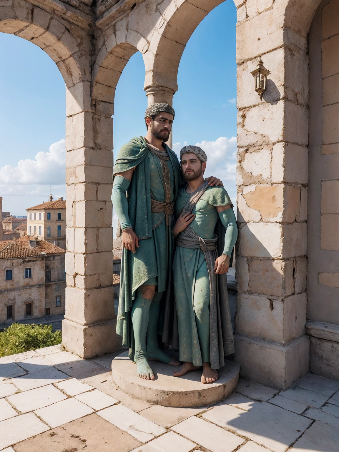 best quality,4k,8k,highres,masterpiece:1.2,ultra-detailed,realistic:1.37,constantine the great and his son crispus,beautiful detailed eyes,beautiful detailed lips,extremely detailed eyes and face,longeyelashes,Constantine the Great and his son Crispus in a garden,illustration,oil painting,3D rendering,photography,masterpiece,peaceful and sunny atmosphere,vibrant colors,gentle lighting,Constantine and Crispus repairing their relationship in modern times,Croatian city of Pula in the background,happy and harmonious relationship,blue sky,serene atmosphere