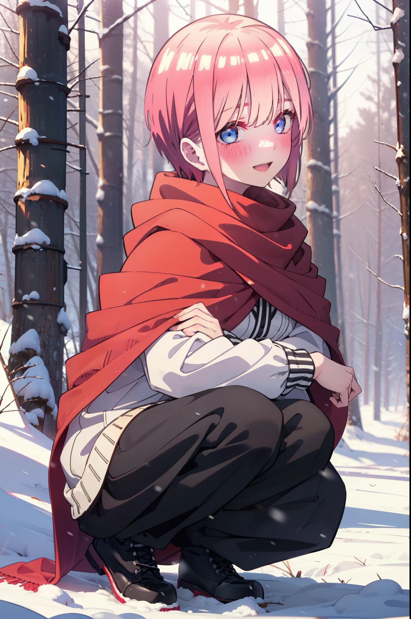 ichikanakano, ichika nakano, short hair, bangs, blue eyes, Hair between the eyes, smile,Pink Hair,smile,blush,White Breath,
Open your mouth,snow,Ground bonfire, Outdoor, boots, snowing, From the side, wood, suitcase, Cape, Blurred, Increase your meals, forest, White handbag, nature,  Squat, Mouth closed, フードed Cape, winter, Written boundary depth, Black shoes, red Cape break looking at viewer, Upper Body, whole body, break Outdoor, forest, nature, break (masterpiece:1.2), highest quality, High resolution, unity 8k wallpaper, (shape:0.8), (Beautiful and beautiful eyes:1.6), Highly detailed face, Perfect lighting, Highly detailed CG, (Perfect hands, Perfect Anatomy),