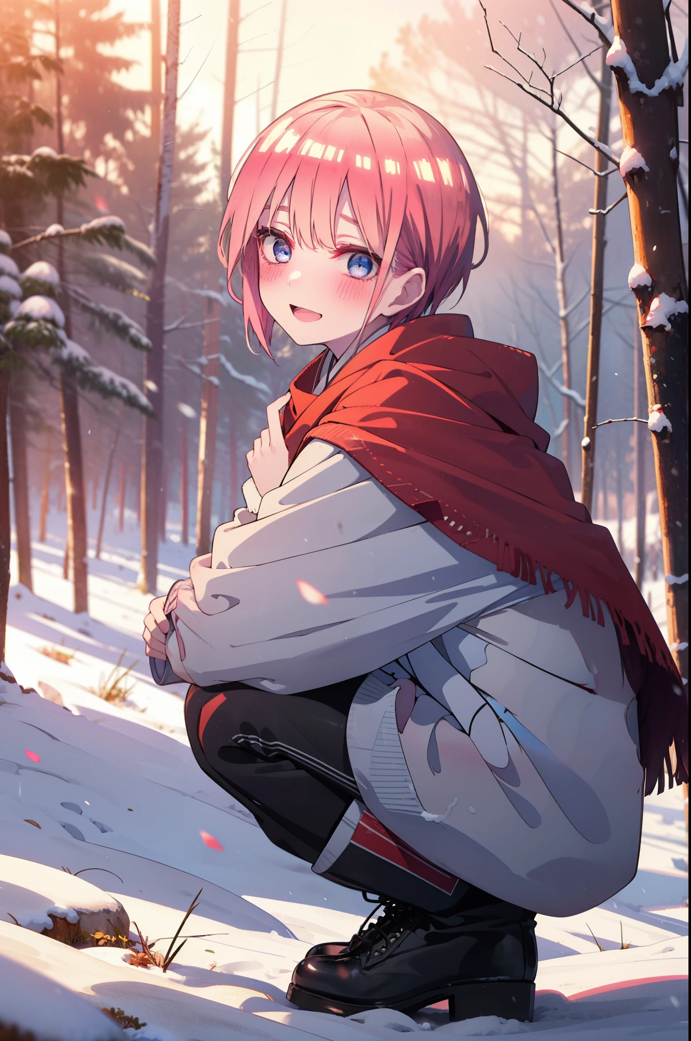 ichikanakano, ichika nakano, short hair, bangs, blue eyes, Hair between the eyes, smile,Pink Hair,smile,blush,White Breath,
Open your mouth,snow,Ground bonfire, Outdoor, boots, snowing, From the side, wood, suitcase, Cape, Blurred, Increase your meals, forest, White handbag, nature,  Squat, Mouth closed, フードed Cape, winter, Written boundary depth, Black shoes, red Cape break looking at viewer, Upper Body, whole body, break Outdoor, forest, nature, break (masterpiece:1.2), highest quality, High resolution, unity 8k wallpaper, (shape:0.8), (Beautiful and beautiful eyes:1.6), Highly detailed face, Perfect lighting, Highly detailed CG, (Perfect hands, Perfect Anatomy),