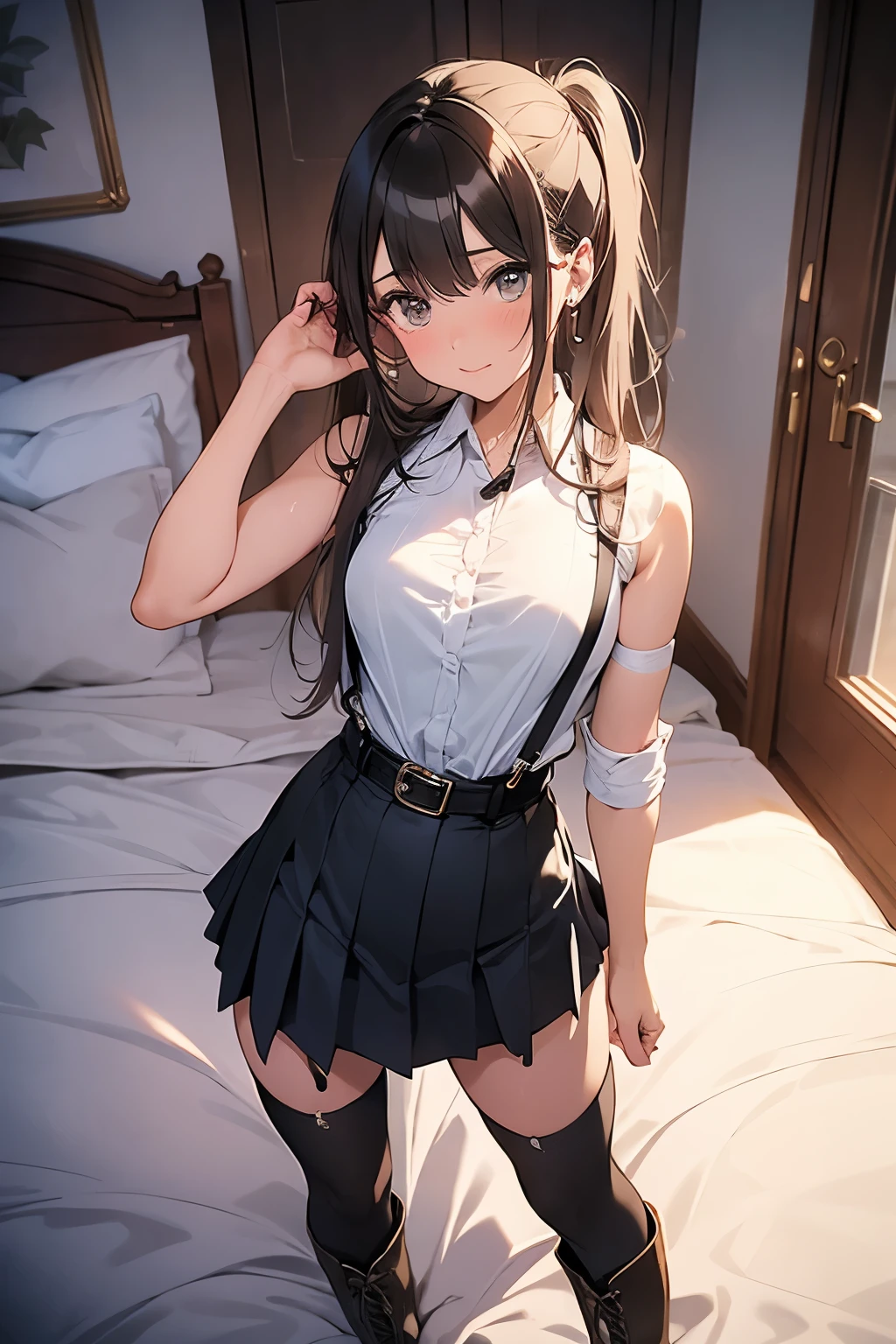 suspenders Large swollen breasts Black mini skirt garter belt Knee-high socks bangs Beauty Hands up Black boots one person Dress shirt Hands Behind Back put your hands behind your back With your hands behind your back Armament holster A room at the Belt Hotel Bed Wall side Armpit sweat Panty shot