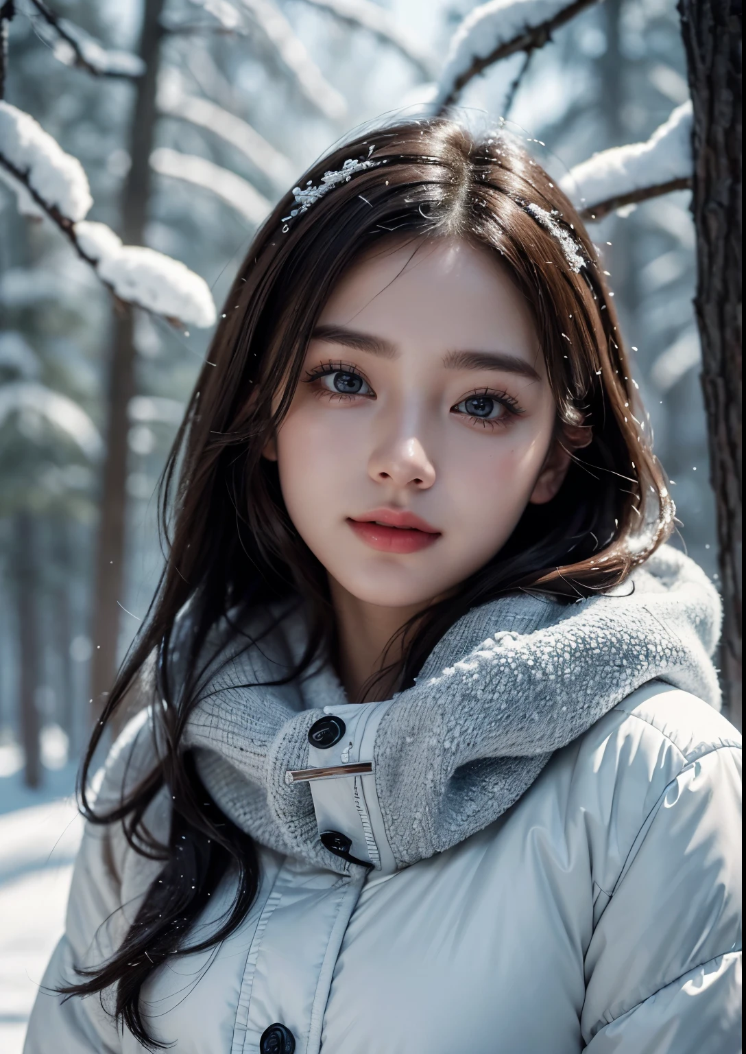 a beautiful Korean girl in a snowy forest, 20 years girl, detailed portrait, beautiful detailed eyes, beautiful detailed lips, extremely detailed face, long eyelashes, detailed skin, above knee length Clear Slim Fit Jacket Dress, beautiful soft thighs, snowy pine trees, snowflakes, mist, cold atmosphere, cinematic lighting, dramatic shadows, fantasy, digital painting, (best quality,8k,highres,masterpiece:1.2),ultra-detailed,(realistic,photorealistic:1.4),dramatic lighting, depth of field, volumetric lighting, beautiful face, realistic face, realistic skin, realistic smile, realistic atmosphere, every thing is realistic, cutest smile, realistic body, realistic body language, mouth watering beauty, standing, upper body shot, cute face, stylish look, stylish angles,
trees covered with snow fall, snow fall on hair, beautiful background scenery, detailed background, hyper-detailed