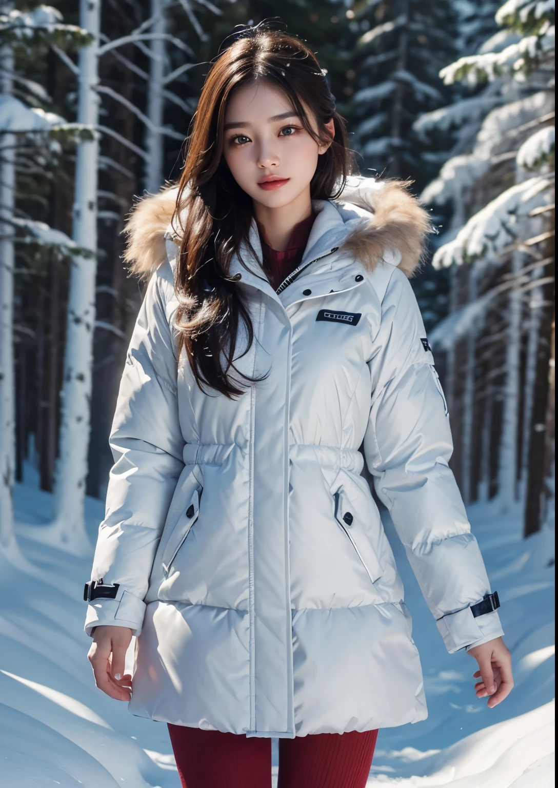 a beautiful Korean girl in a snowy forest, 20 years girl, detailed portrait, beautiful detailed eyes, beautiful detailed lips, extremely detailed face, long eyelashes, detailed skin, above knee length Clear Slim Fit Jacket Dress, beautiful soft thighs, snowy pine trees, snowflakes, mist, cold atmosphere, cinematic lighting, dramatic shadows, fantasy, digital painting, (best quality,8k,highres,masterpiece:1.2),ultra-detailed,(realistic,photorealistic:1.4),dramatic lighting, depth of field, volumetric lighting, beautiful face, realistic face, realistic skin, realistic smile, realistic atmosphere, every thing is realistic, cutest smile, realistic body, realistic body language, mouth watering beauty, standing, upper body shot, cute face, stylish look, stylish angles,
trees covered with snow fall, snow fall on hair, beautiful background scenery, detailed background, hyper-detailed