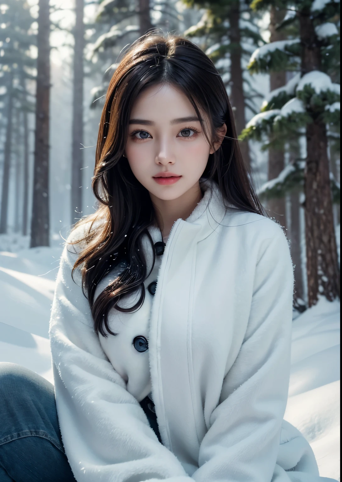 a beautiful Korean girl in a snowy forest, 20 years girl, detailed portrait, beautiful detailed eyes, beautiful detailed lips, extremely detailed face, long eyelashes, detailed skin, above knee length Clear Slim Fit Jacket Dress, beautiful soft thighs, snowy pine trees, snowflakes, mist, cold atmosphere, cinematic lighting, dramatic shadows, fantasy, digital painting, (best quality,8k,highres,masterpiece:1.2),ultra-detailed,(realistic,photorealistic:1.4),dramatic lighting, depth of field, volumetric lighting, beautiful face, realistic face, realistic skin, realistic smile, realistic atmosphere, every thing is realistic, cutest smile, realistic body, realistic body language, mouth watering beauty, standing, upper body shot, cute face, stylish look, stylish angles, 
trees covered with snow fall, snow fall on hair,  beautiful background scenery, detailed background, hyper-detailed