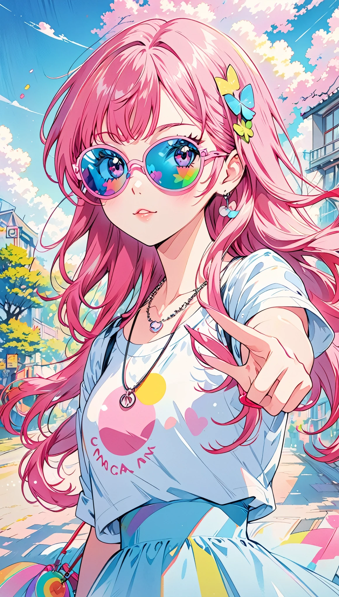 Anime girl wearing sunglasses and a necklace making a peace sign, Anime-style illustrations, Decora style illustrations, Anime atmosphere, Beautiful anime art style, Pink Hair Anime Girl With Long Hair, Digital art on pixiv, Anime Graphic Illustration, Colorful illustration, Cute art style, 80s anime art style, Colorful illustration, rossdraws pastel vivid