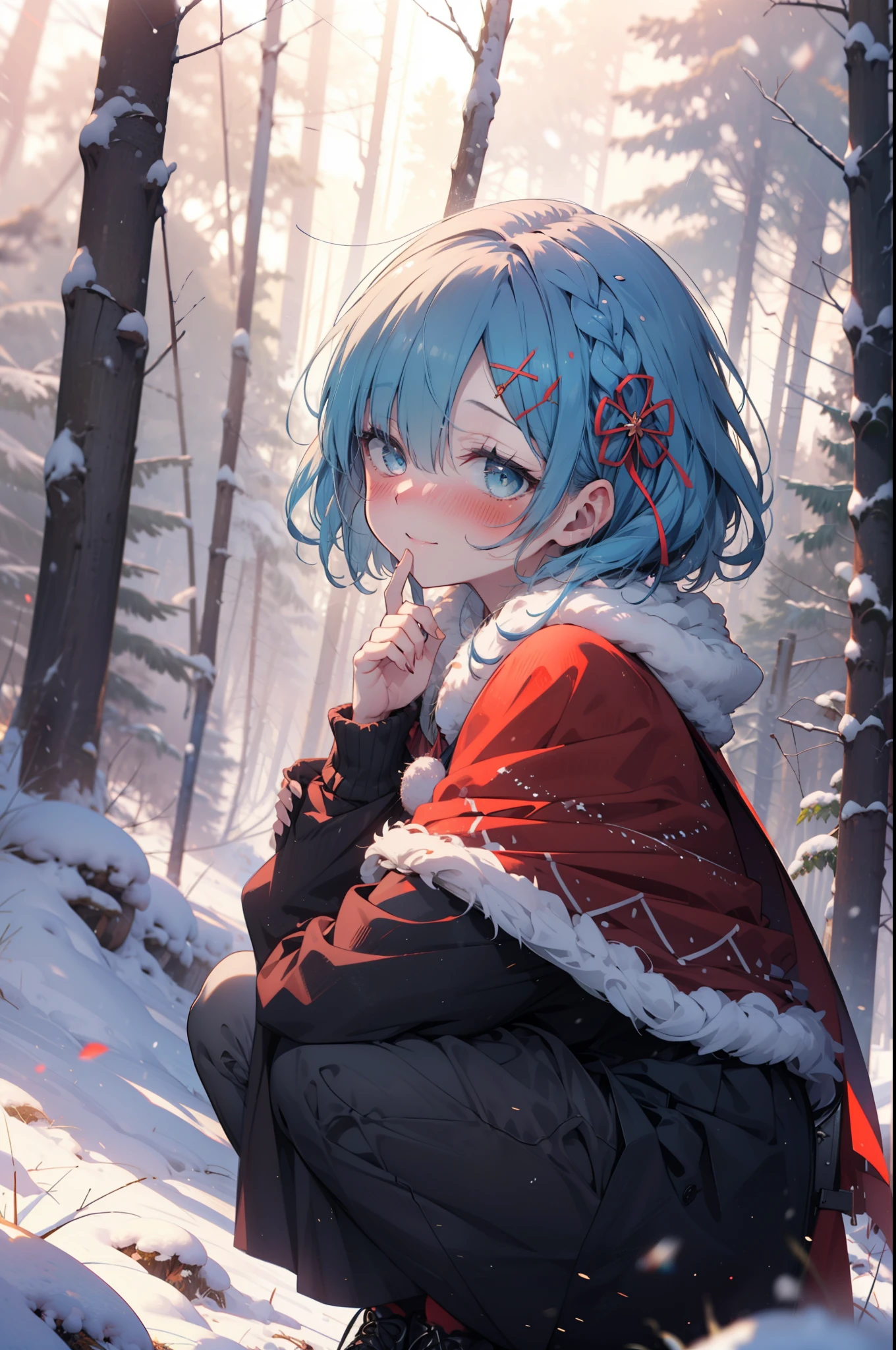 rezeroRem, Rem, blue eyes, Blue Hair, hair ornaments, Hair in one eye, Hair Ribbon, short hair, x hair ornaments,smile,blush,White Breath,
Open your mouth,snow,Ground bonfire, Outdoor, boots, snowing, From the side, wood, suitcase, Cape, Blurred, forest, White handbag, nature,  Squat, Mouth closed, Cape, winter, Written boundary depth, Black shoes, red Cape break looking at viewer, Upper Body, whole body, break Outdoor, forest, nature, break (masterpiece:1.2), highest quality, High resolution, unity 8k wallpaper, (shape:0.8), (Beautiful and beautiful eyes:1.6), Highly detailed face, Perfect lighting, Extremely detailed CG, (Perfect hands, Perfect Anatomy),