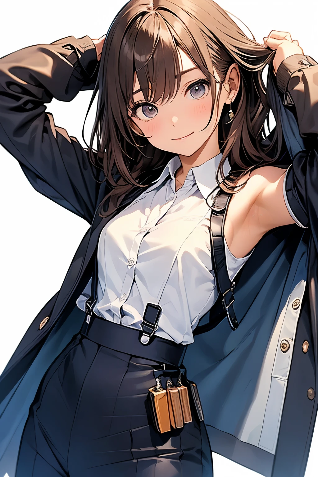 Brown Hair、Staring at the audience Black suspenders bulging big breasts wall: Black pantsuit sight Small face holster Beautiful woman Show your hand sight Taunt side side汗 arm Dress shirt Black Suit ベルト wall際 Put your hands up Both hands above head Armpit sweat