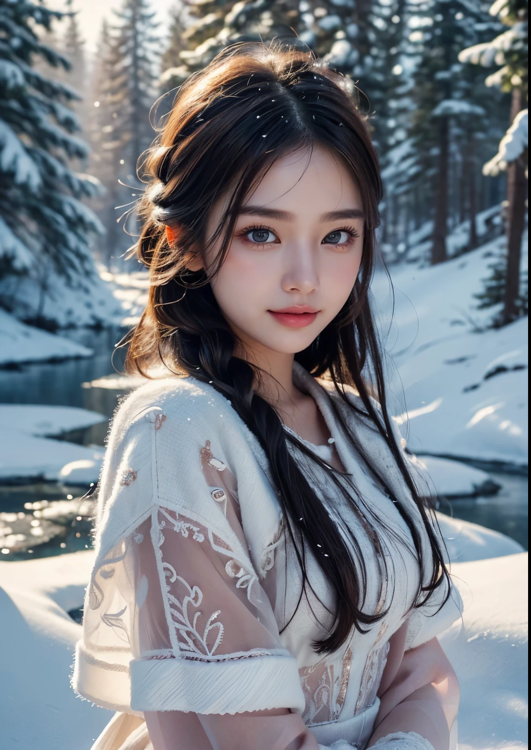 a beautiful Korean girl in a snowy road, 20 years girl, detailed portrait, beautiful detailed eyes, beautiful detailed lips, extremely detailed face, long eyelashes, detailed skin, above knee length pink colour Summer Embroidered Flare Dress, beautiful soft thighs, snowy pine trees, snowflakes, mist, cold atmosphere, cinematic lighting, dramatic shadows, fantasy, digital painting, (best quality,8k,highres,masterpiece:1.2),ultra-detailed,(realistic,photorealistic:1.4),dramatic lighting, depth of field, volumetric lighting, beautiful face, realistic face, realistic skin, realistic smile, realistic atmosphere, every thing is realistic, cutest smile, realistic body, realistic body language, mouth watering beauty, standing, upper body shot, cute face, stylish look, stylish angles, trees covered with snow fall, snow fall on hair, beautiful background scenery, detailed background, hyper-detailed, full body shot, flower trees, frozen river with snow covered, 