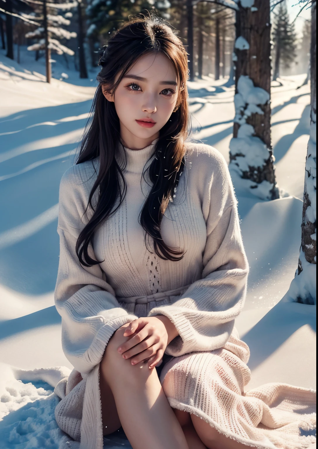a beautiful Korean girl in a snowy road, 20 years girl, detailed portrait, beautiful detailed eyes, beautiful detailed lips, extremely detailed face, long eyelashes, detailed skin, above knee length pink colour Summer Embroidered Flare Dress, beautiful soft thighs, snowy pine trees, snowflakes, mist, cold atmosphere, cinematic lighting, dramatic shadows, fantasy, digital painting, (best quality,8k,highres,masterpiece:1.2),ultra-detailed,(realistic,photorealistic:1.4),dramatic lighting, depth of field, volumetric lighting, beautiful face, realistic face, realistic skin, realistic smile, realistic atmosphere, every thing is realistic, cutest smile, realistic body, realistic body language, mouth watering beauty, standing, upper body shot, cute face, stylish look, stylish angles, trees covered with snow fall, snow fall on hair, beautiful background scenery, detailed background, hyper-detailed, full body shot, flower trees, frozen river with snow covered, 