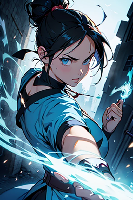 Anime girl with black hair in a bun using magic to fight, manga panels with dialogue