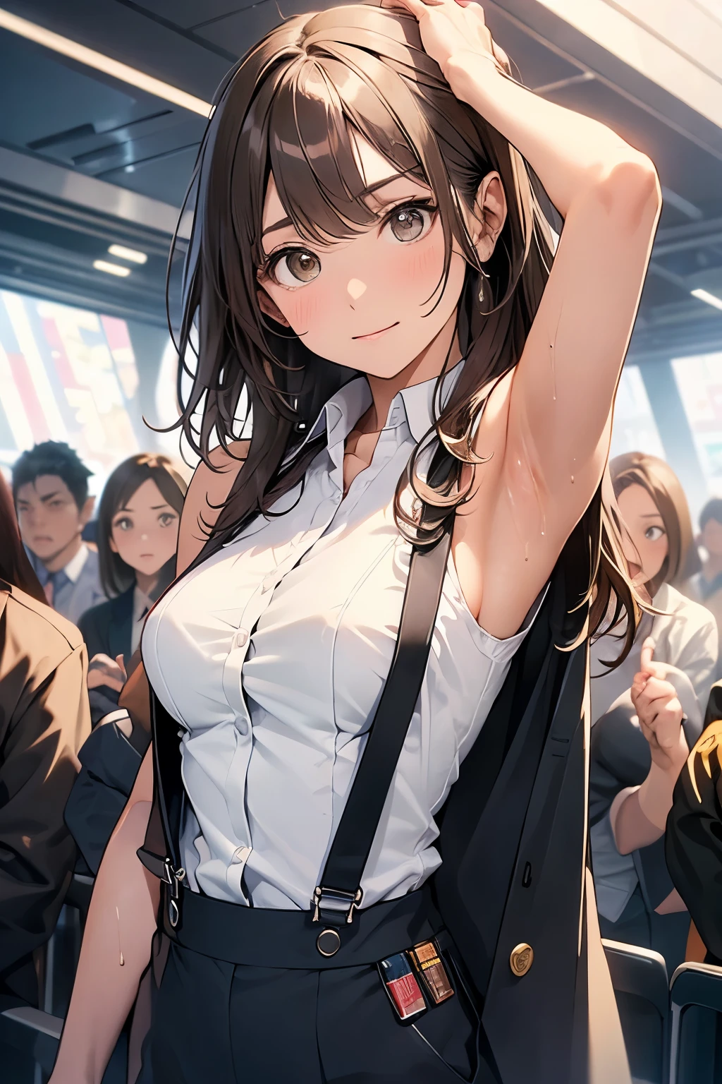 Brown Hair、Staring at the audience Black suspenders bulging big breasts wall: Black pantsuit sight Small face holster Beautiful woman Show your hand sight Taunt side side汗 arm Dress shirt Black Suit ベルト wall際 Put your hands up Both hands above head Armpit sweat