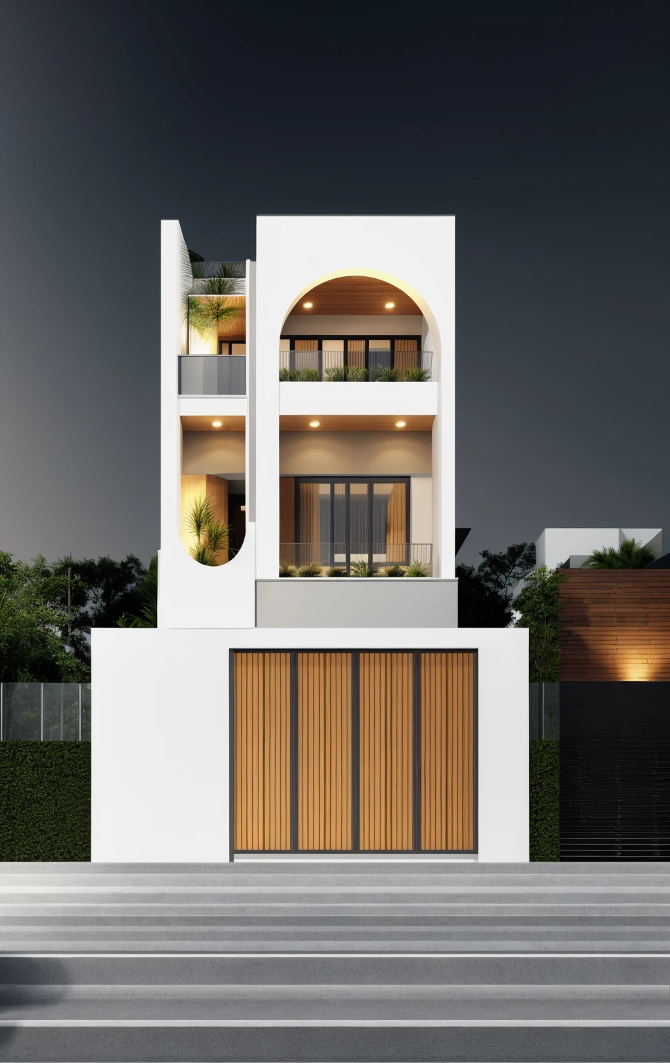 1 morden architect, main material by white wall and wood, 1large yard, 1 road runs in front of the house,  (RAW photo, real, best quality, masterpiece:1.2), look morden minimalist, 1 road in front of the house, dynamic lighting:1.3, (hyper realistic, photo-realistic:1.2), high quality, (dark lighting:1.2), perfect lighting, archdaily, no human