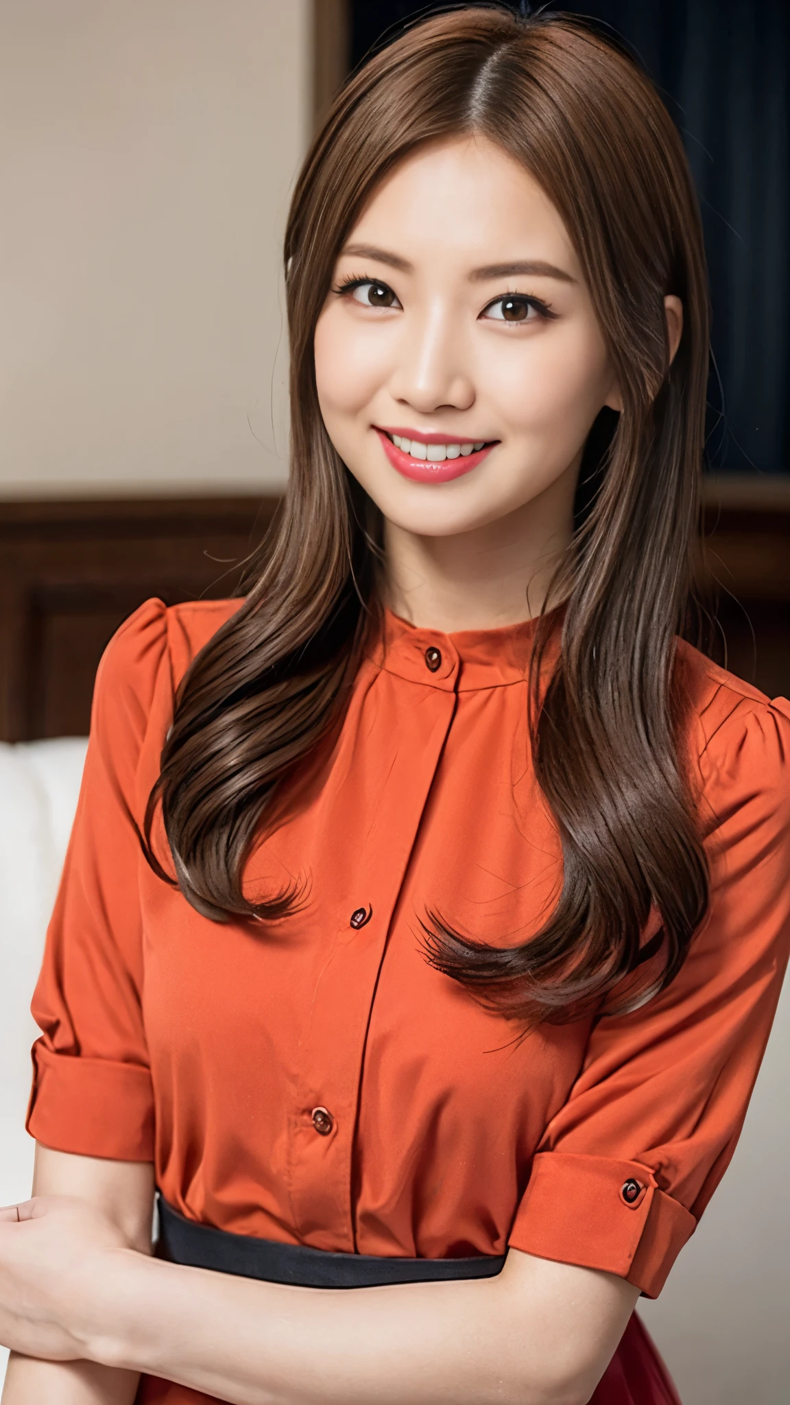 (((One girl))), ((((alone)))), ((Messy hairstyle)), Stand and take a photo, (((Reddish yellow hair)), Red eyes, Soft blouse,The best smile:1.5,Flashy makeup with red eyeshadow