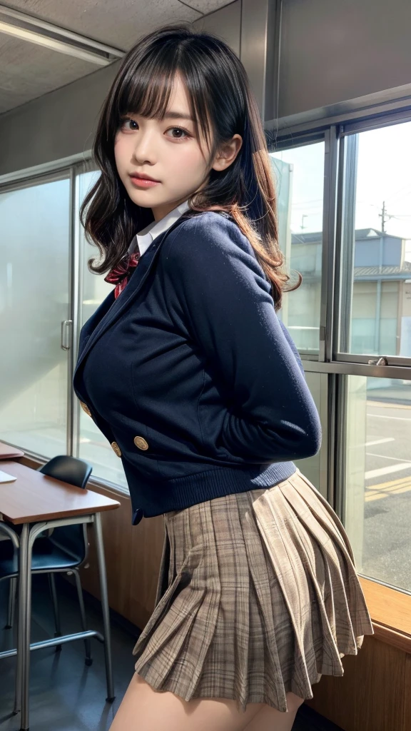 masterpiece, best quality, illustration, Super detailed, fine details, High resolution, 8K,wall paper, perfect dynamic composition,(Details High quality, realistic depiction of eyes:1.3), from side, High School Classroom、High school girl uniform、blazer 、Super Short Check Uniform Skirt、Navy blue high socks、garterbelts、Colossal tits、Disturbed uniform,  short hair, (wavy hair:1.2), short bob hair, black hair color, large breasts, Big Natural Color Lip, acrobatic pose, perfect body shape, crying a little、cold gaze, Harajuku style、20 year old girl、cute type, beautiful legs, hposing Gravure Idol, Voluptuous thighs