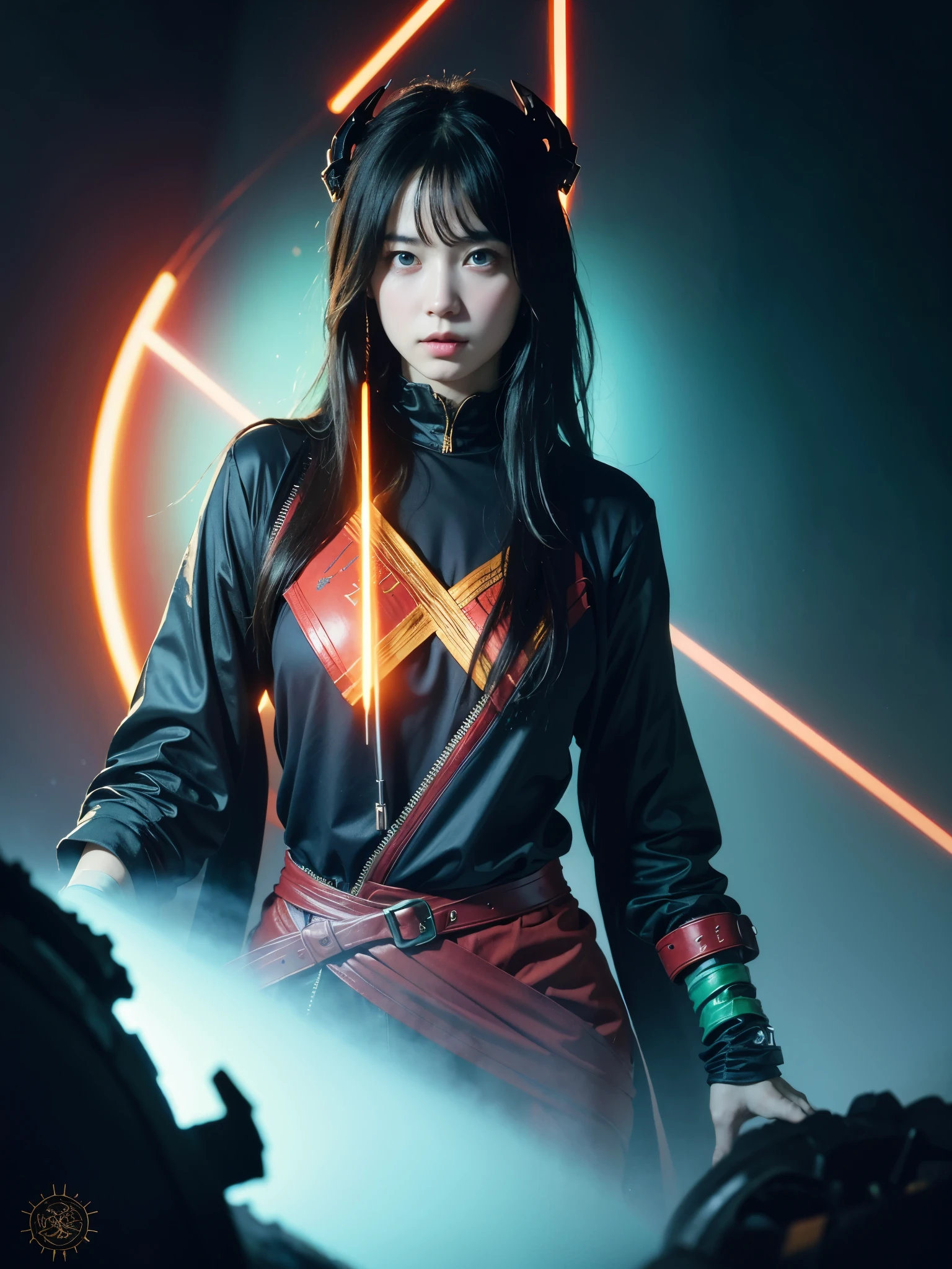 Visions of Hell by Ruan Jia and Mandy Jurgens and Artgerm and william-adolphe bouguereau and Greg Rutkowski, trending on artstation, iridescent cool blue and cyan and red and blue and yellow and green lighting front view futuresynth, outrun, vibrant colors, Sabattier filter, Watercolor
