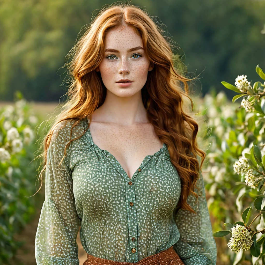 Luma is a elegant person, she is beautiful And have a strong posture, she has awesome breasts that have a voluminous proportion, a pear feminine silhouette, Auburn hair, long Auburn hair, She has expressive eyes, ( Only eyes olive green) Her skin is fair and she has some light freckles on her cheek bones, busty, Farm, Brown rustic clothes, sheer boho clothes, farm boho fashion sheer clothes, romantic vibes, fire lights, fire sparkles, flowers clothes the hair to be half straight and half with curled ends cartoon