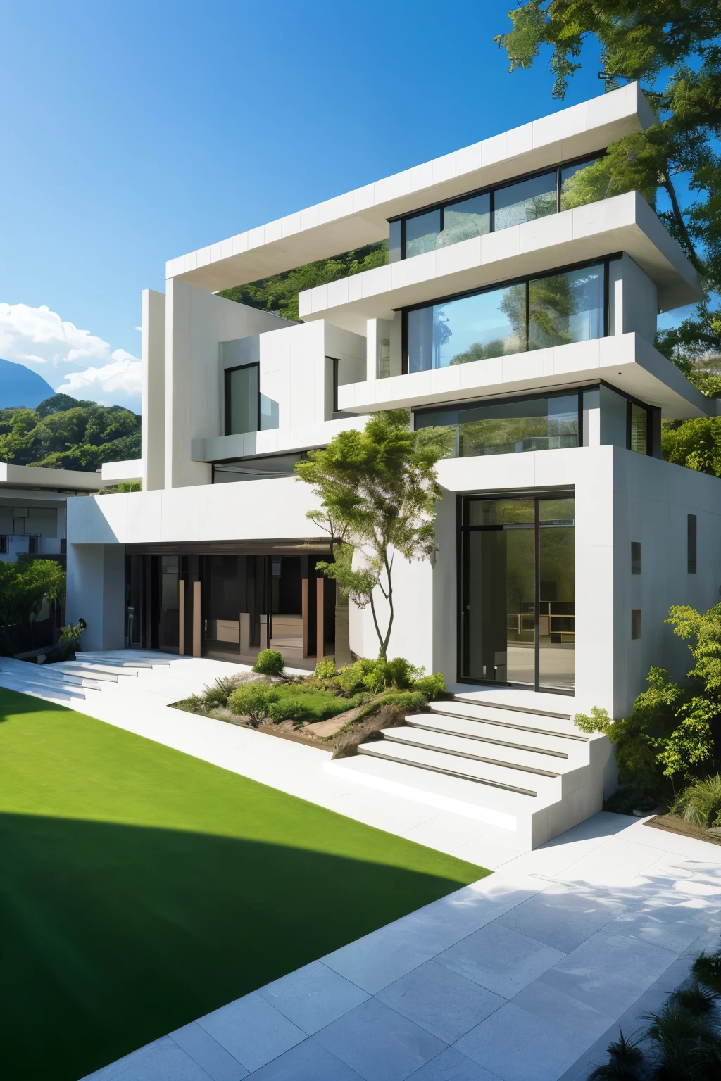 A spectacular masterpiece of a property exhibition stand design, meticulously crafted for an immersive and captivating experience. (masterpiece: 1.4, best quality) This breathtaking creation showcases a harmonious blend of modern and traditional architectural elements, showcasing a variety of properties in a visually stunning manner. (high quality, extremely detailed CG unity 8k wallpaper, scenery, outdoors, sky, cloud, day, no humans)
The design features sleek, modern buildings interspersed with ancient-styled structures, set amidst a backdrop of lush foliage, tranquil bodies of water, and breathtaking mountain v