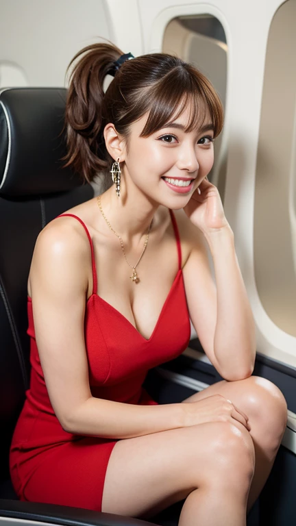  highest quality, Realistic, Very detailed, finely, High resolution, 8k wallpaper, Beautiful woman,, Light brown ponytail hair, Wearing a red short dress, Perfect dynamic composition, finelyて美しい目,  Realistic , smile,  Model Body Type、Earrings,necklace－Net,(clock),Beautiful legs,Sitting in an airplane seat、talk、Chatting,Full Body Shot,Smile and laugh,