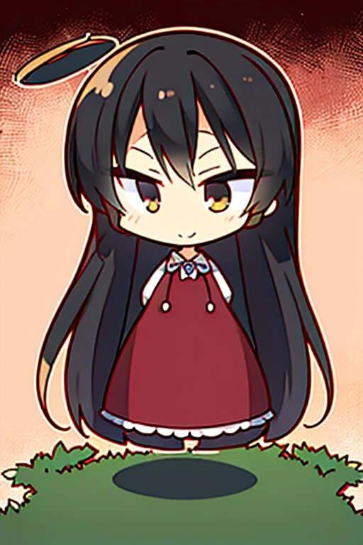 A black haired woman with brown eyes in an hourglass figure in a cute dress is smiling in a cemetery at night