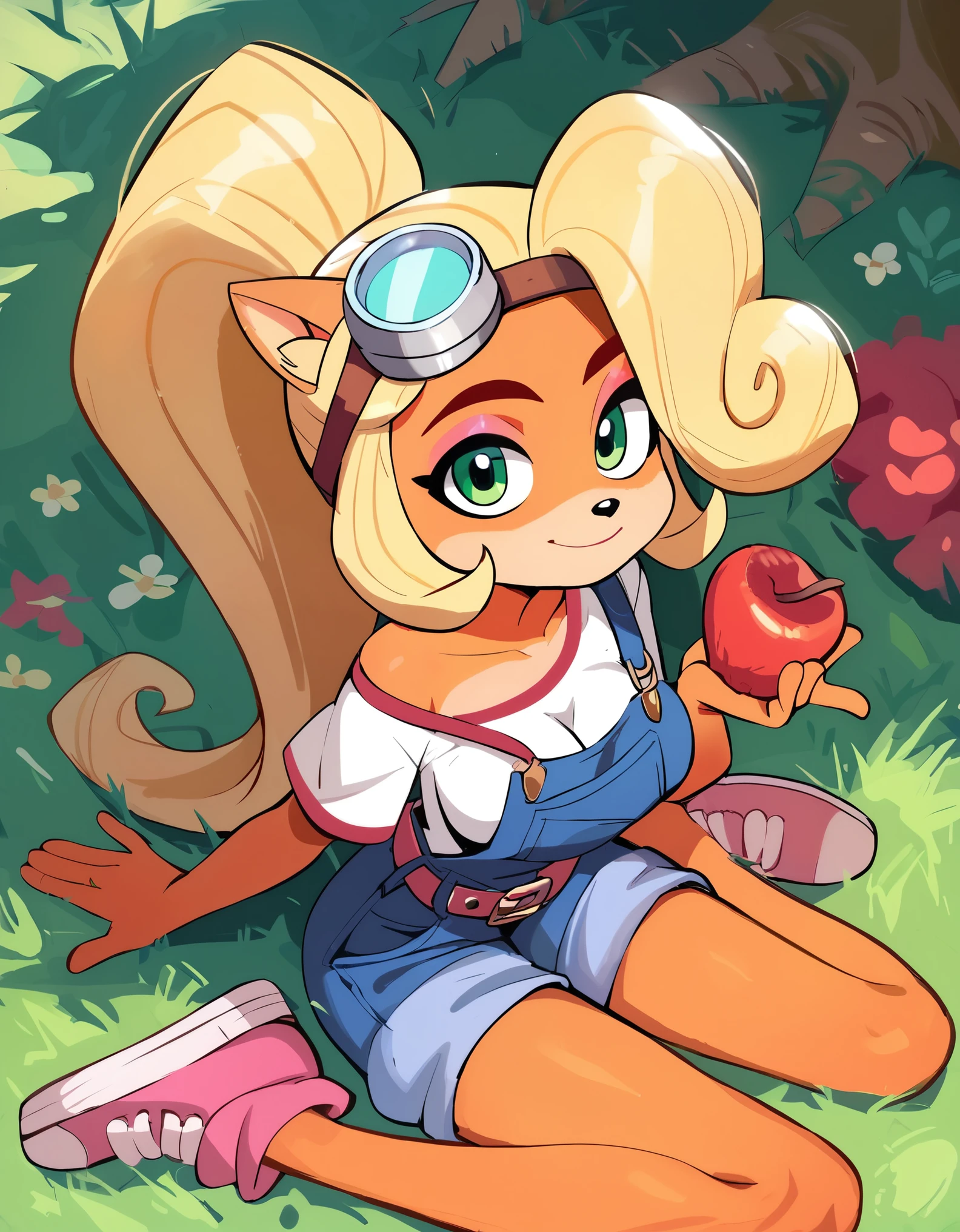 score_9, score_8_up, score_7_up, score_6_up, mngmst_style,
coco bandicoot, 1girl, belt, blonde hair, breasts, goggles on head, green eyes, overalls, ponytail, sitting, on ground, strap slip, looking at viewer, bare legs, presenting foot, outdoors, grass, holding red apple