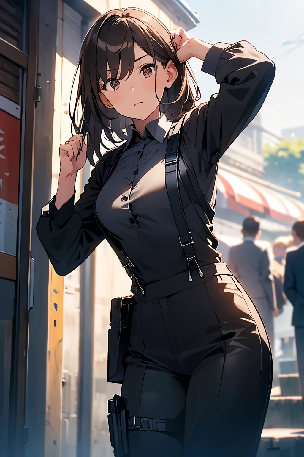 Brown Hair、Staring at the audience　　　Black suspenders　　　bulging big breasts　　 　 　　　wall: 　Black pantsuit　　　　　　sight　　　Small face　 　　　holster　　　Beautiful woman　　Show your hand　　 　sight 　　Taunt　side　side汗 　arm　Dress shirt　Black Suit　ベルト wall際　Put your hands up　Both hands above head　Armpit sweat