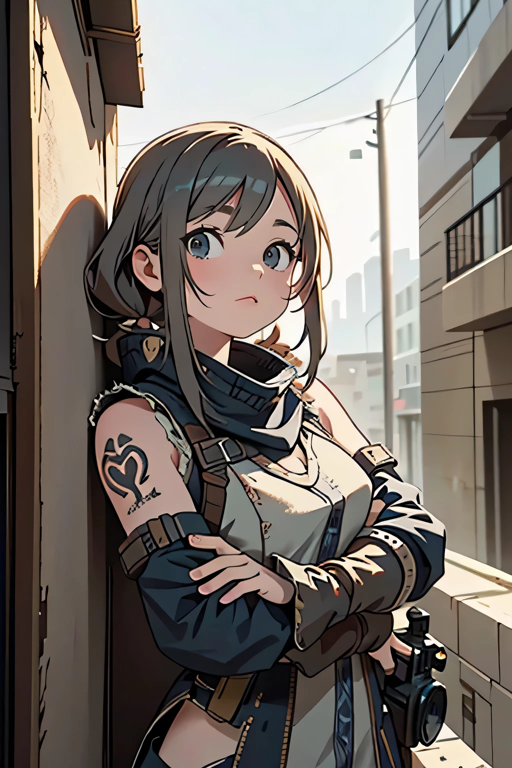 Detailed photo of a futuristic beautiful female warrior in a dystopian city, Tattered outfit with rusty metal armor plates, long and disheveled hair, Tattoos on the arm and body, Fashion pose, Blue eyes with round irises, Detailed face, Apocalyptic Environment, Natural body pose, Professional Photographer, Shooting with a professional SLR camera, Professional fantasy artist, Professional Rococo and Baroque Background Artist, Professional Art Station Artists