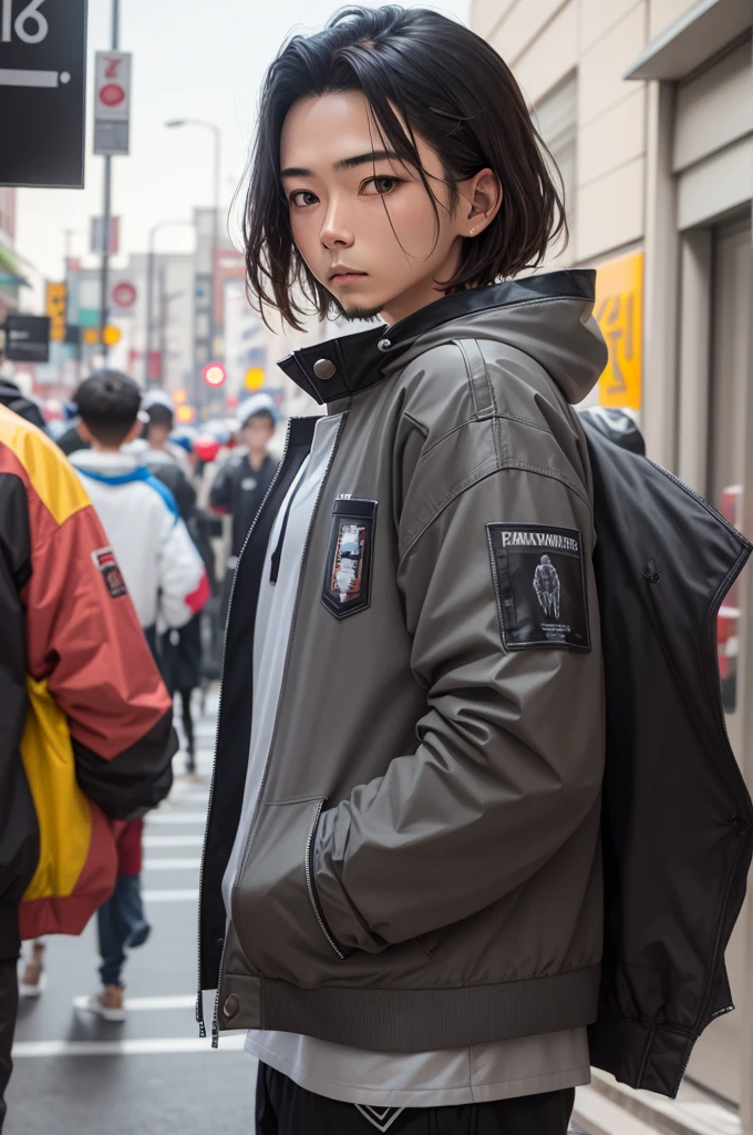 This is a gray and black Iron Man jacket。It's designed for speed and maneuverability。 There is a coat、 Fast speed,Left hand mounted cannon