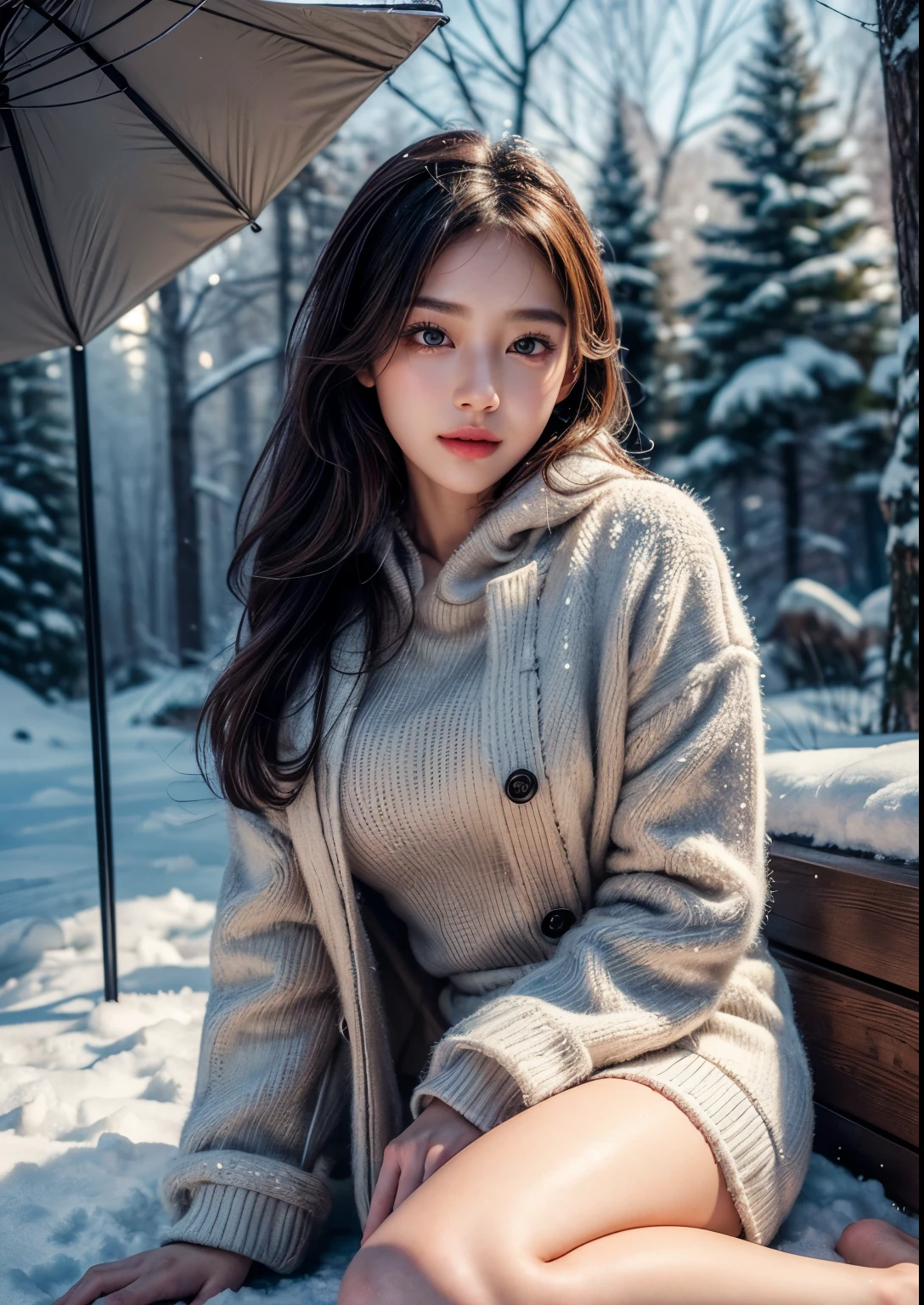 a beautiful Korean girl in a snowy forest, 20 years girl, detailed portrait, beautiful detailed eyes, beautiful detailed lips, extremely detailed face, long eyelashes, detailed skin, above knee length Clear Slim Fit pink Jacket Dress, beautiful soft thighs, snowy pine trees, snowflakes, mist, cold atmosphere, cinematic lighting, dramatic shadows, fantasy, digital painting, (best quality,8k,highres,masterpiece:1.2),ultra-detailed,(realistic,photorealistic:1.4),dramatic lighting, depth of field, volumetric lighting, beautiful face, realistic face, realistic skin, realistic smile, realistic atmosphere, every thing is realistic, cutest smile, realistic body, realistic body language, mouth watering beauty, pretty girl lying on the ice surface in the studio pose, full body shot, cute face, stylish look, stylish angles, trees covered with snow fall, snow fall on hair, beautiful background scenery, detailed background, hyper-detailed