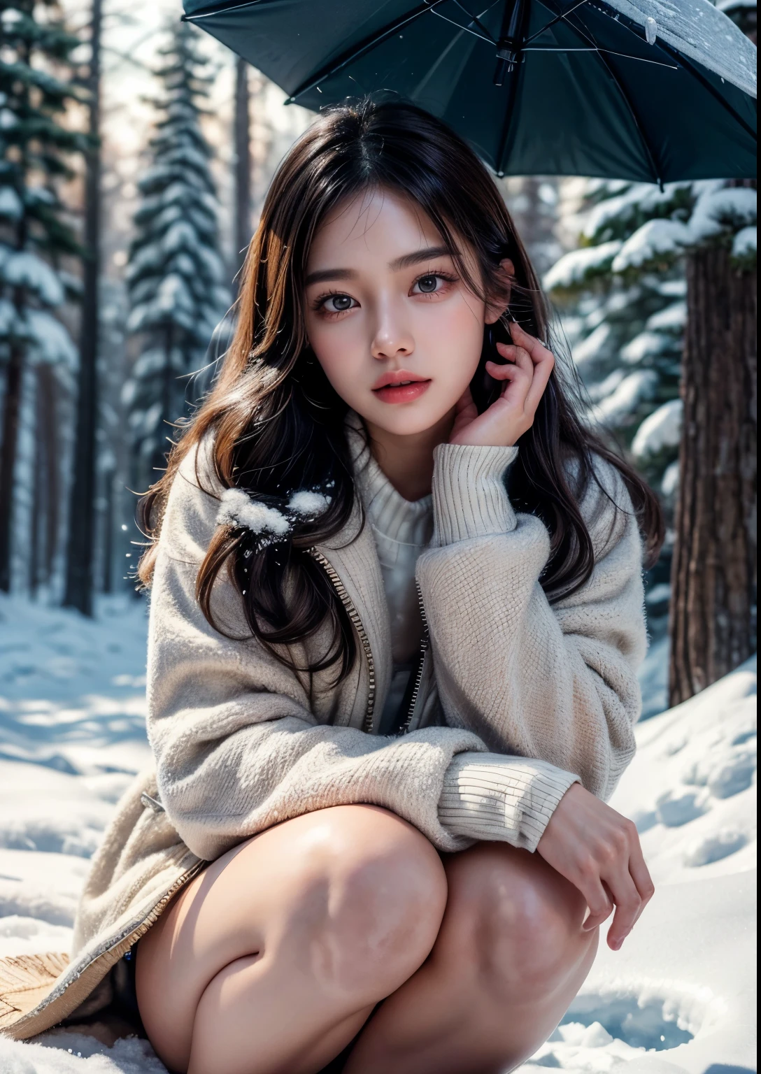 a beautiful Korean girl in a snowy forest, 20 years girl, detailed portrait, beautiful detailed eyes, beautiful detailed lips, extremely detailed face, long eyelashes, detailed skin, above knee length Clear Slim Fit pink Jacket Dress, beautiful soft thighs, snowy pine trees, snowflakes, mist, cold atmosphere, cinematic lighting, dramatic shadows, fantasy, digital painting, (best quality,8k,highres,masterpiece:1.2),ultra-detailed,(realistic,photorealistic:1.4),dramatic lighting, depth of field, volumetric lighting, beautiful face, realistic face, realistic skin, realistic smile, realistic atmosphere, every thing is realistic, cutest smile, realistic body, realistic body language, mouth watering beauty, pretty girl lying on the ice surface in the studio pose, full body shot, cute face, stylish look, stylish angles, trees covered with snow fall, snow fall on hair, beautiful background scenery, detailed background, hyper-detailed