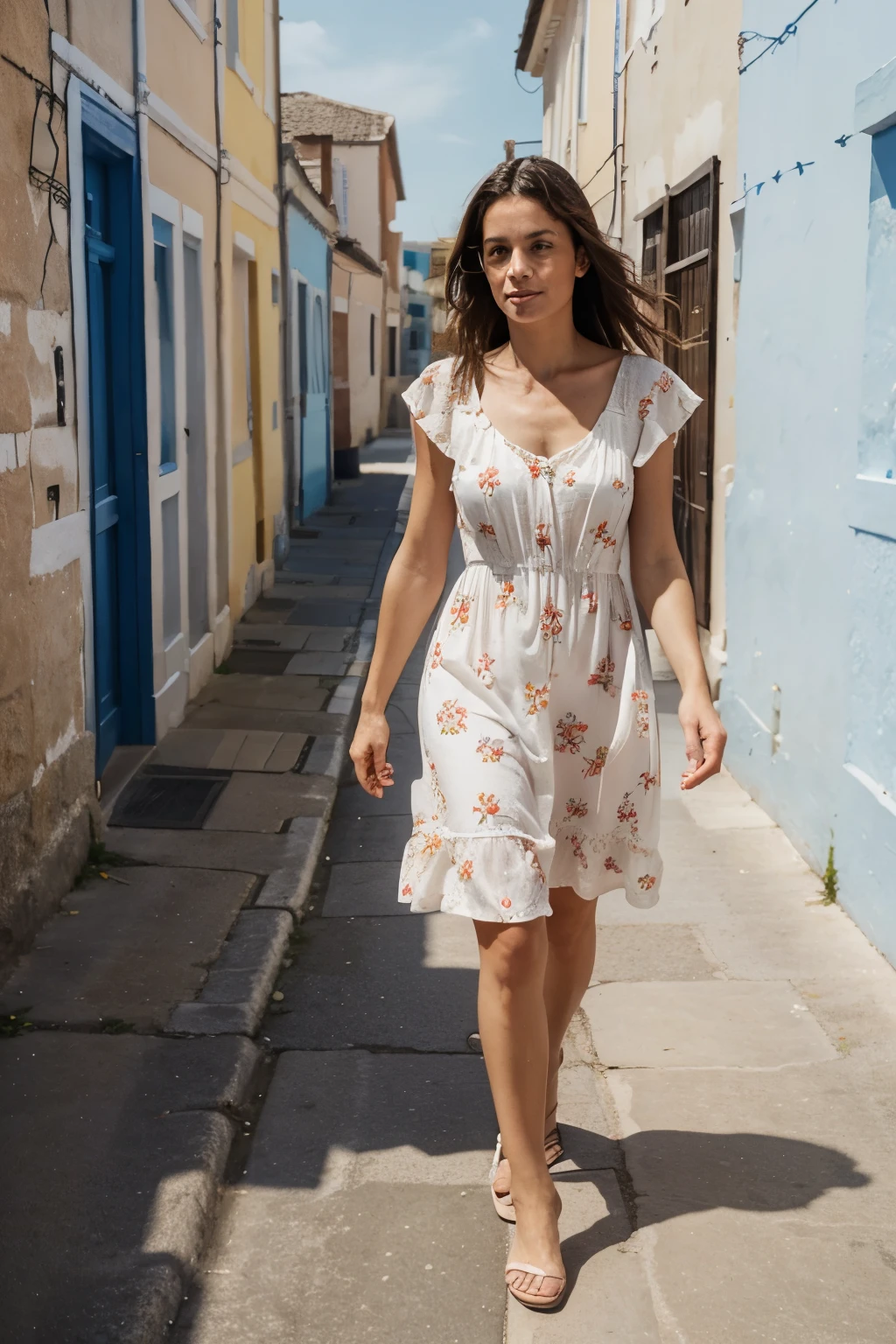 a french woman, 50 years old in a summer dress walking on a street next to the sea.