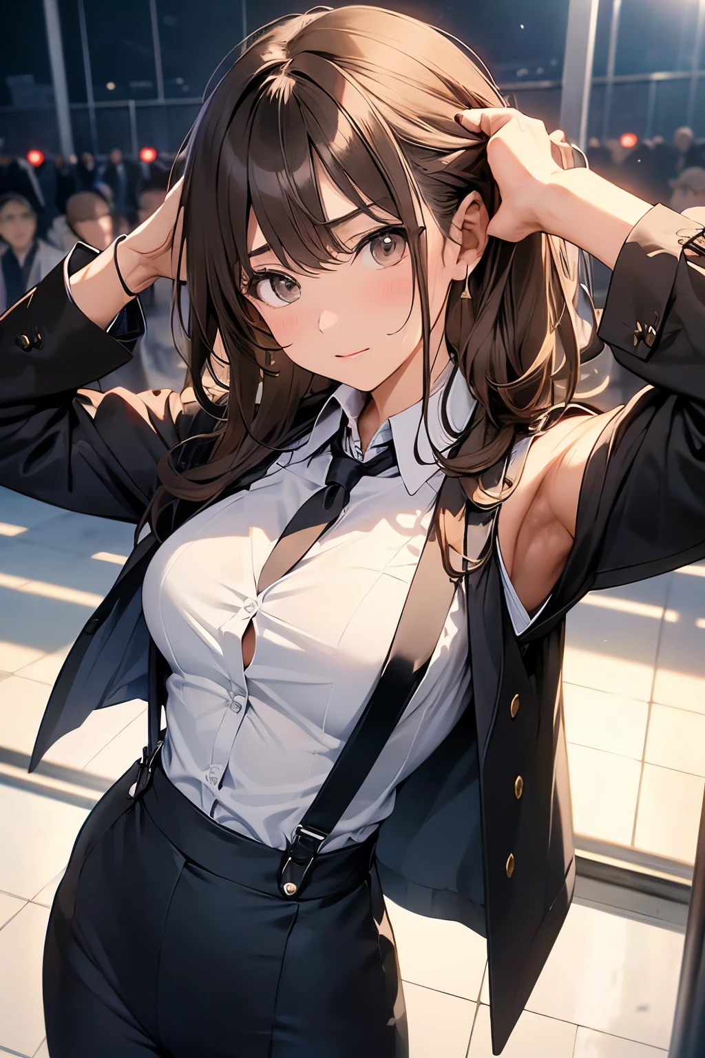 Brown Hair、Staring at the audience Black suspenders bulging big breasts wall: Black pantsuit sight Small face holster Beautiful woman Show your hand sight Taunt side side汗 arm Dress shirt Black Suit ベルト wall際 Put your hands up Both hands above head Armpit sweat